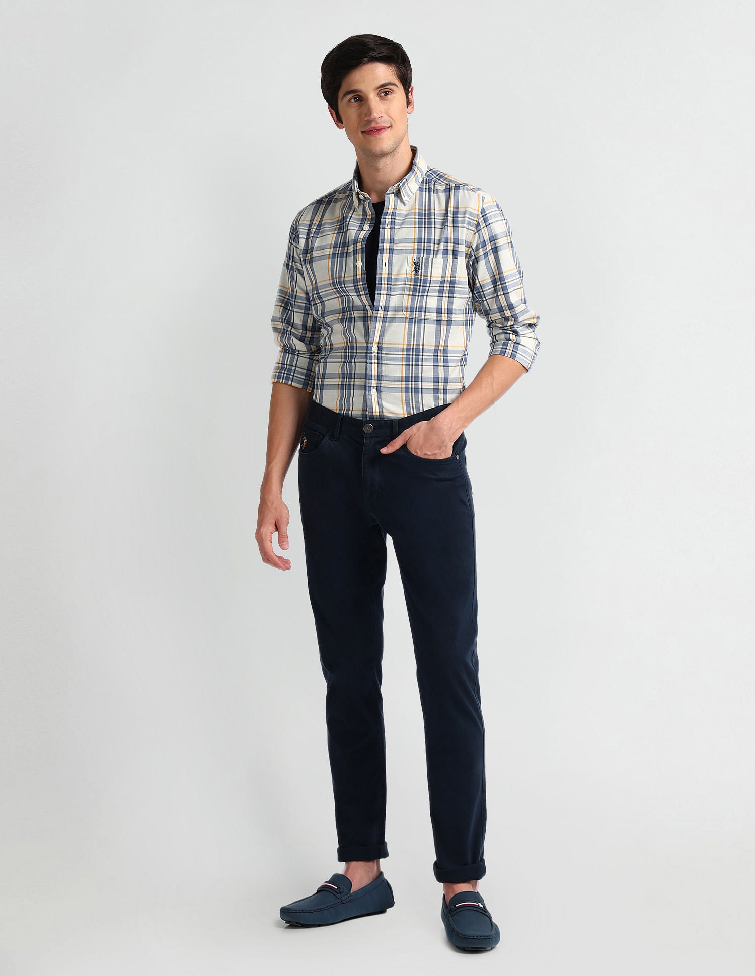 Tartan Check Tailored Fit Shirt Ivory and Blue - U.S. POLO ASSN. | Large