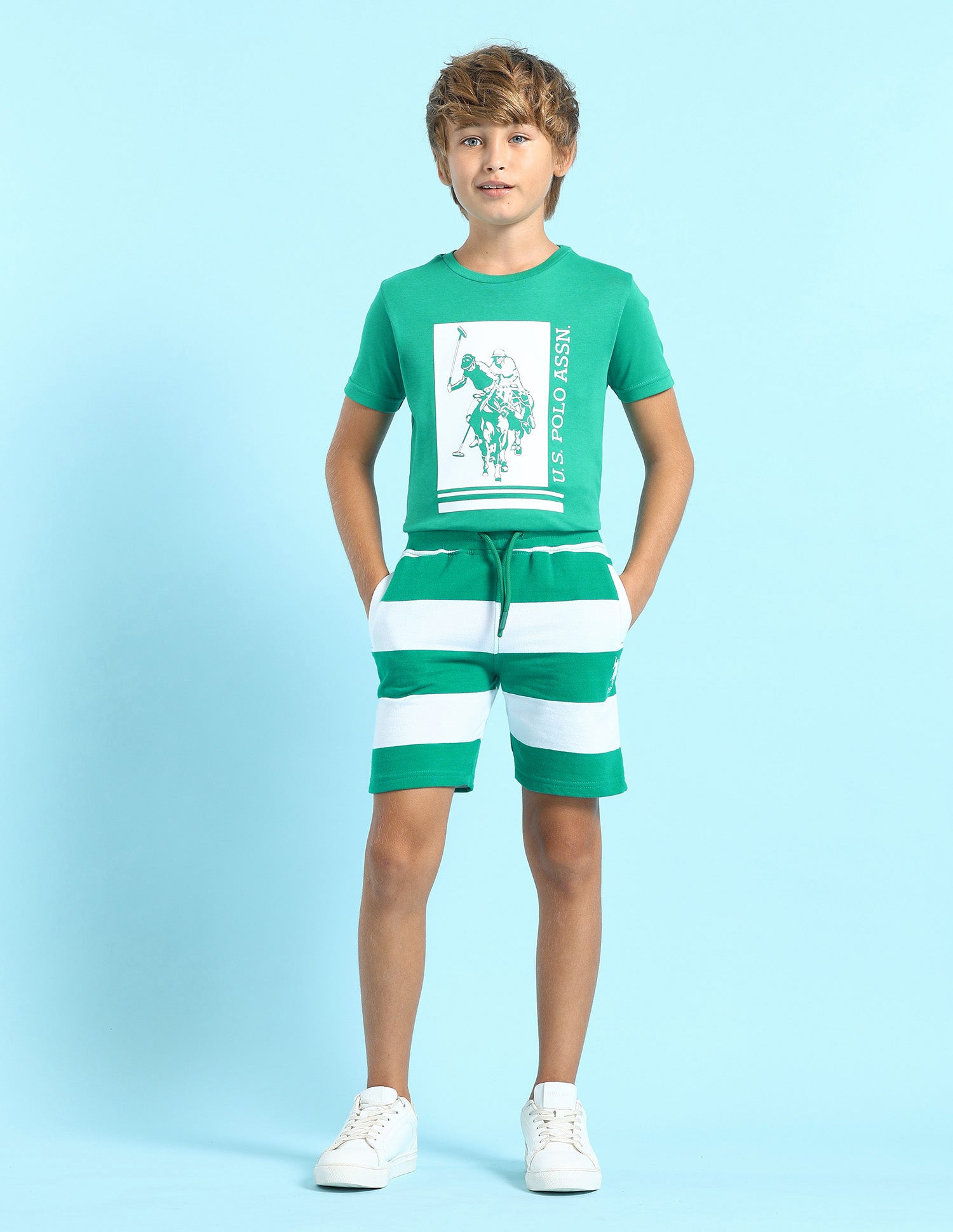Boys Horizontal Striped Regular Fit Shorts Dark Green - U.S. POLO ASSN. | Large