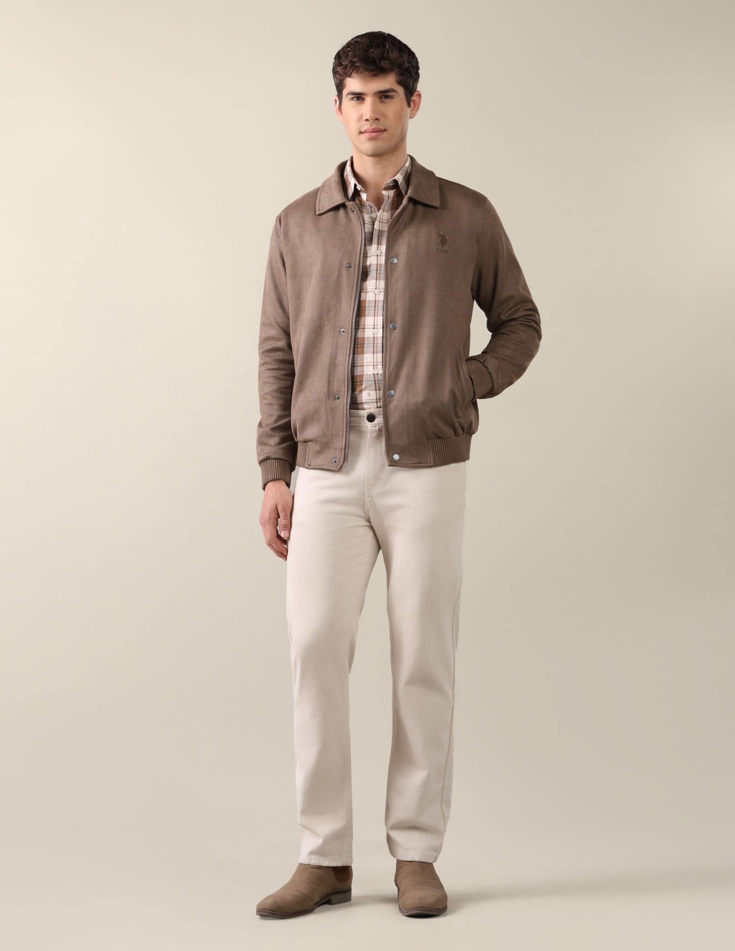 Solid Regular Fit Bomber Jacket Brown - U.S. Polo Assn. India | Large