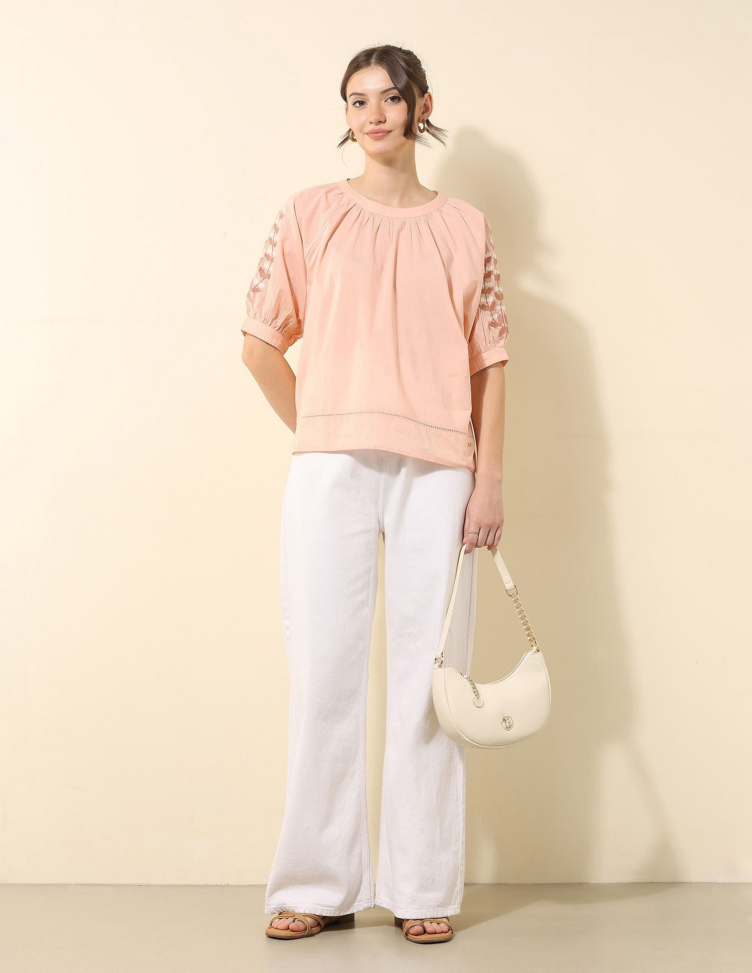 Floral Embroidered Top Beige - U.S. POLO ASSN. | Large