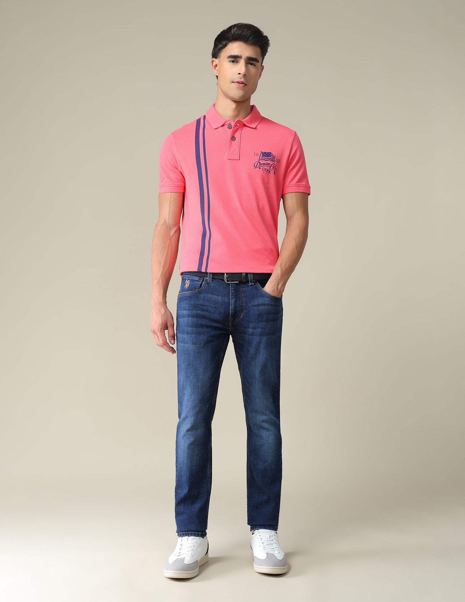 Vertical Striped Cotton Polo Shirt Pink - U.S. POLO ASSN. | Large