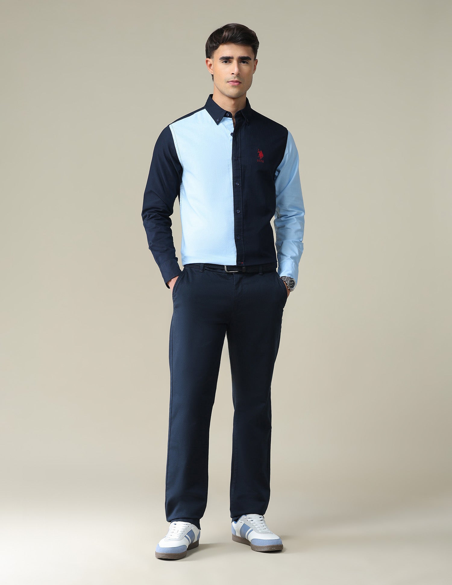 Colour Block Slim Fit Shirt Navy and Light Blue - U.S. POLO ASSN. | Large