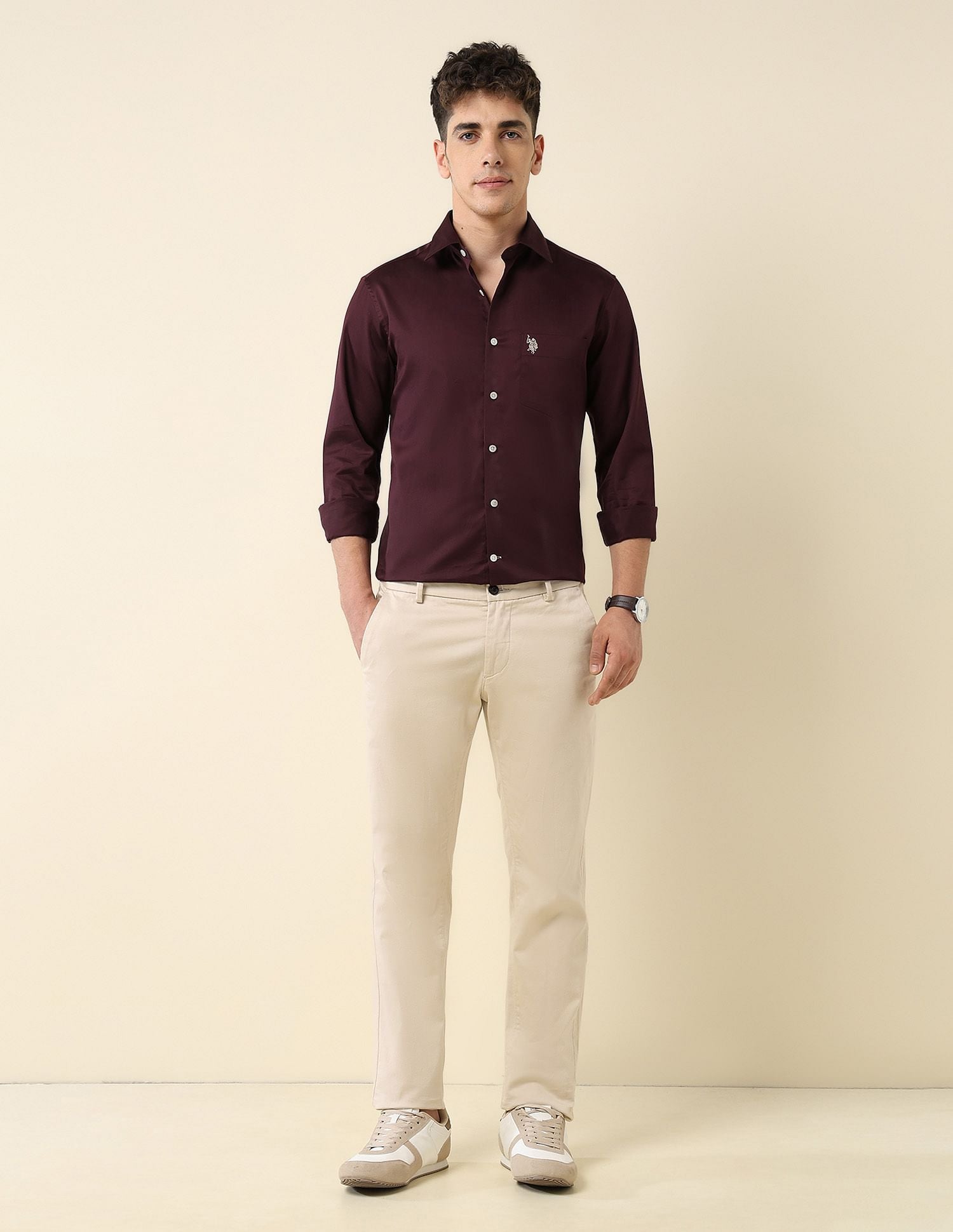 Tailored Fit Satin Shirt Maroon - U.S. Polo Assn. India | Large