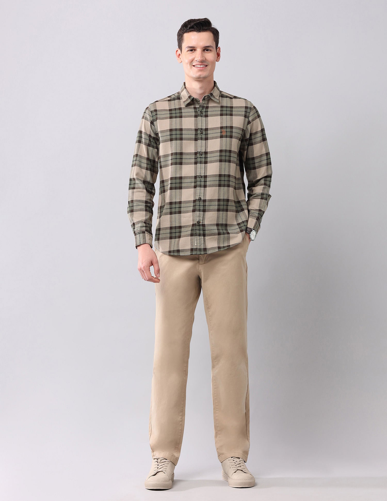 Tartan Checked Pure Cotton Shirt Olive - U.S. POLO ASSN. | Large