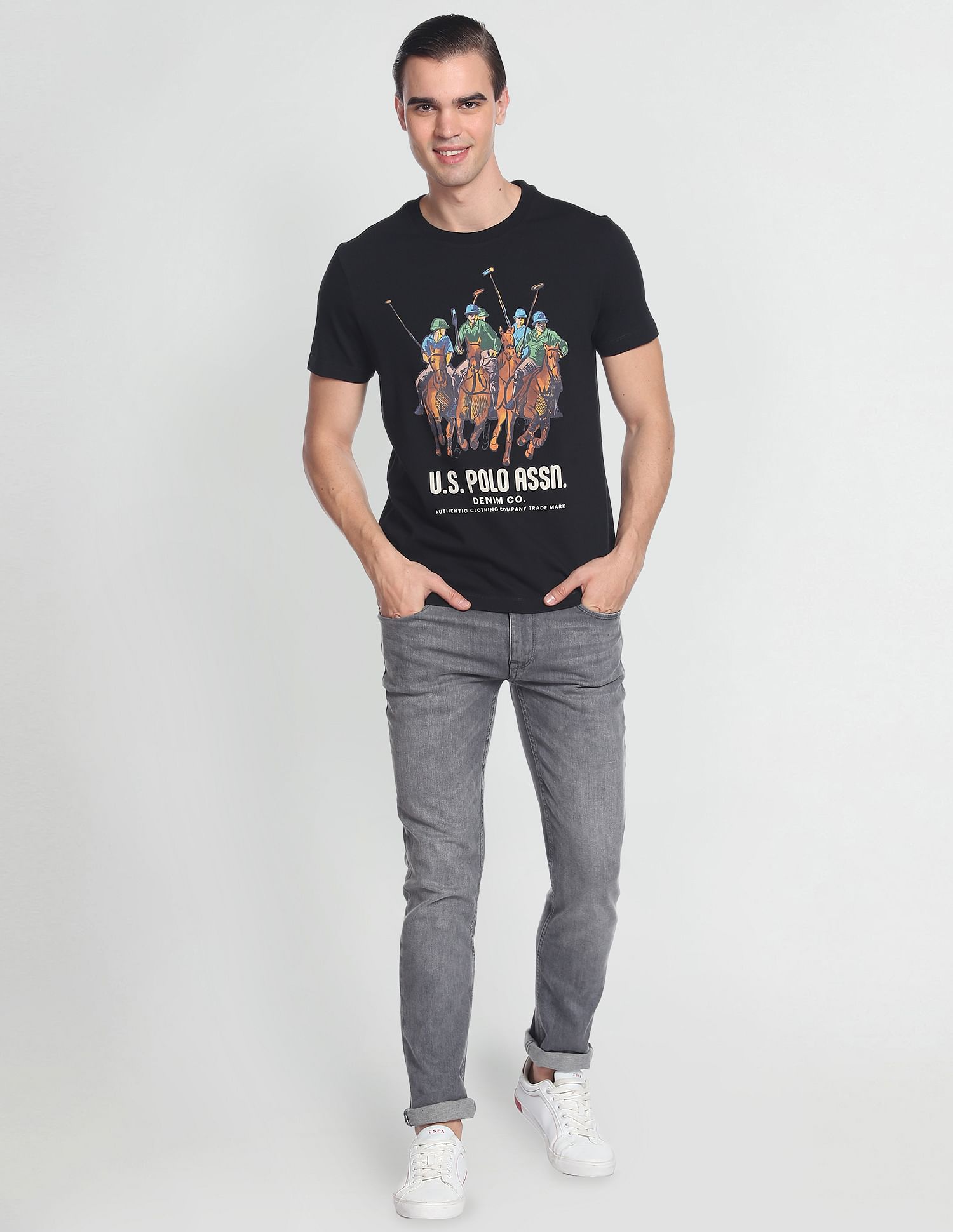 Brand Print Cotton T-Shirt Black - U.S. POLO ASSN. | Large