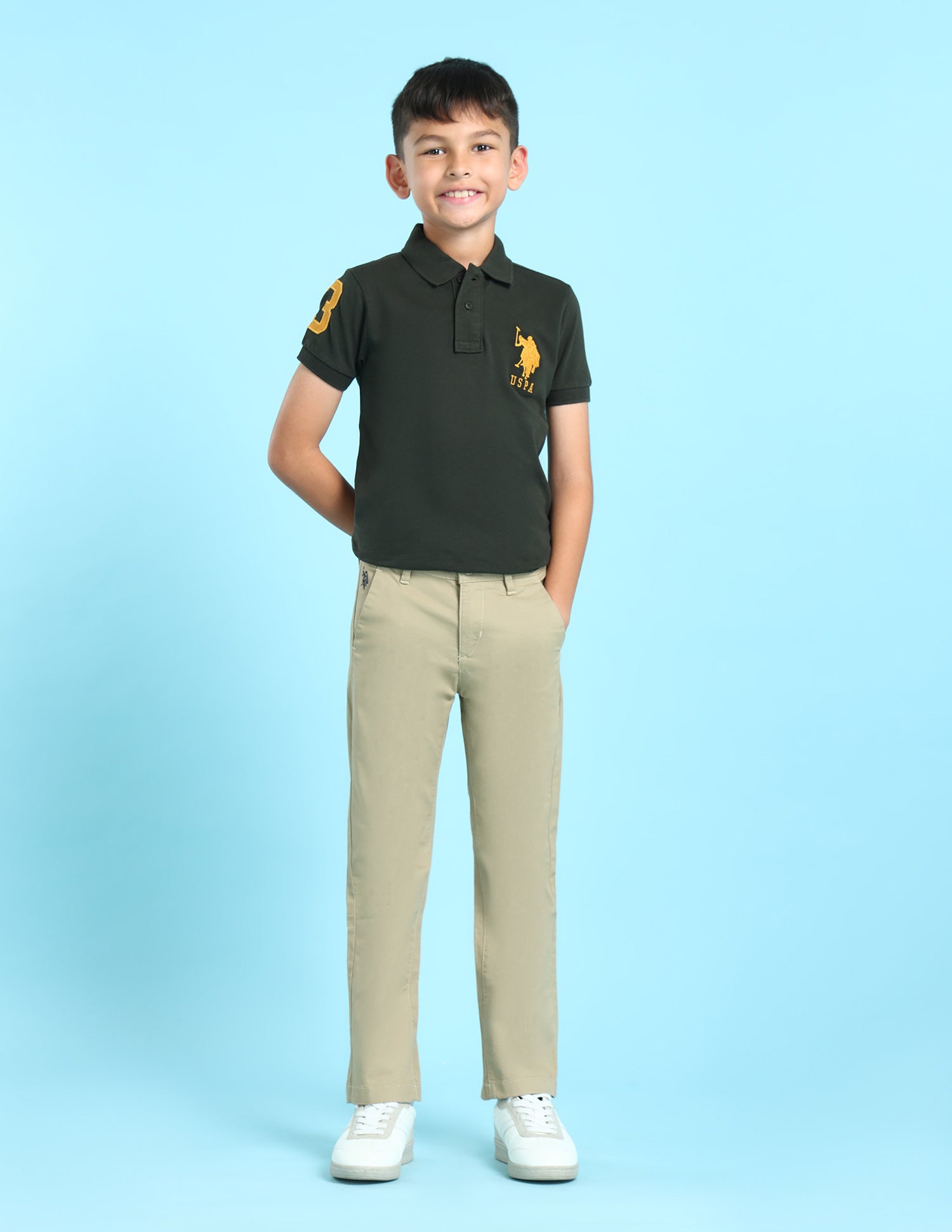 Boys Beige Mid Rise Twill Weave Solid Trousers Beige - U.S. POLO ASSN. | Large