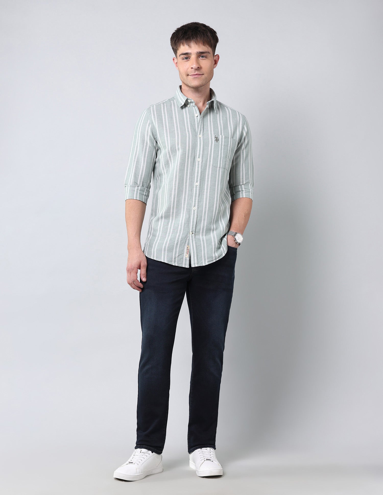 Vertical Striped Regular Fit Shirt Light Green - U.S. Polo Assn. India | Large
