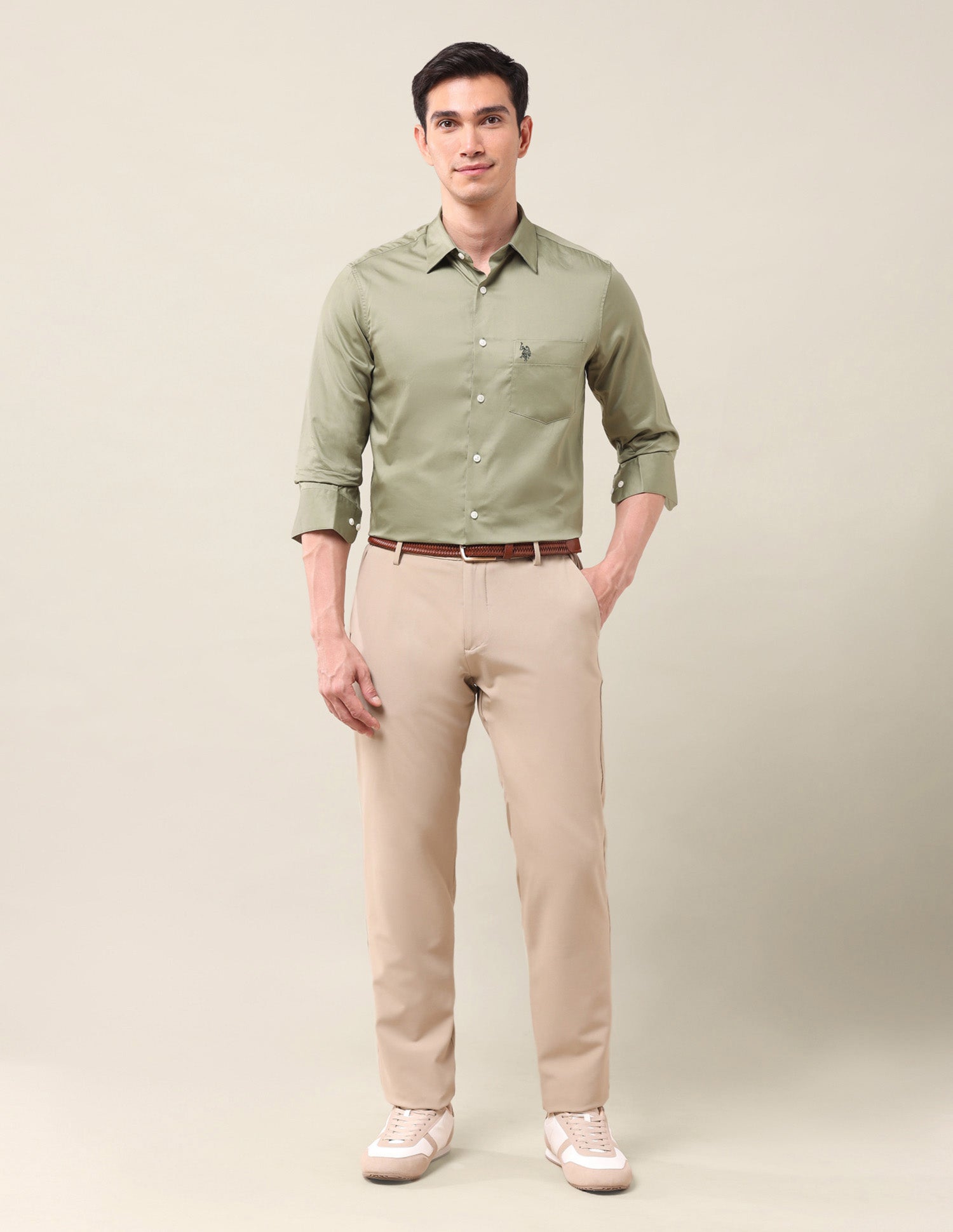 Tailored Fit Satin Shirt Light Olive - U.S. POLO ASSN. | Large