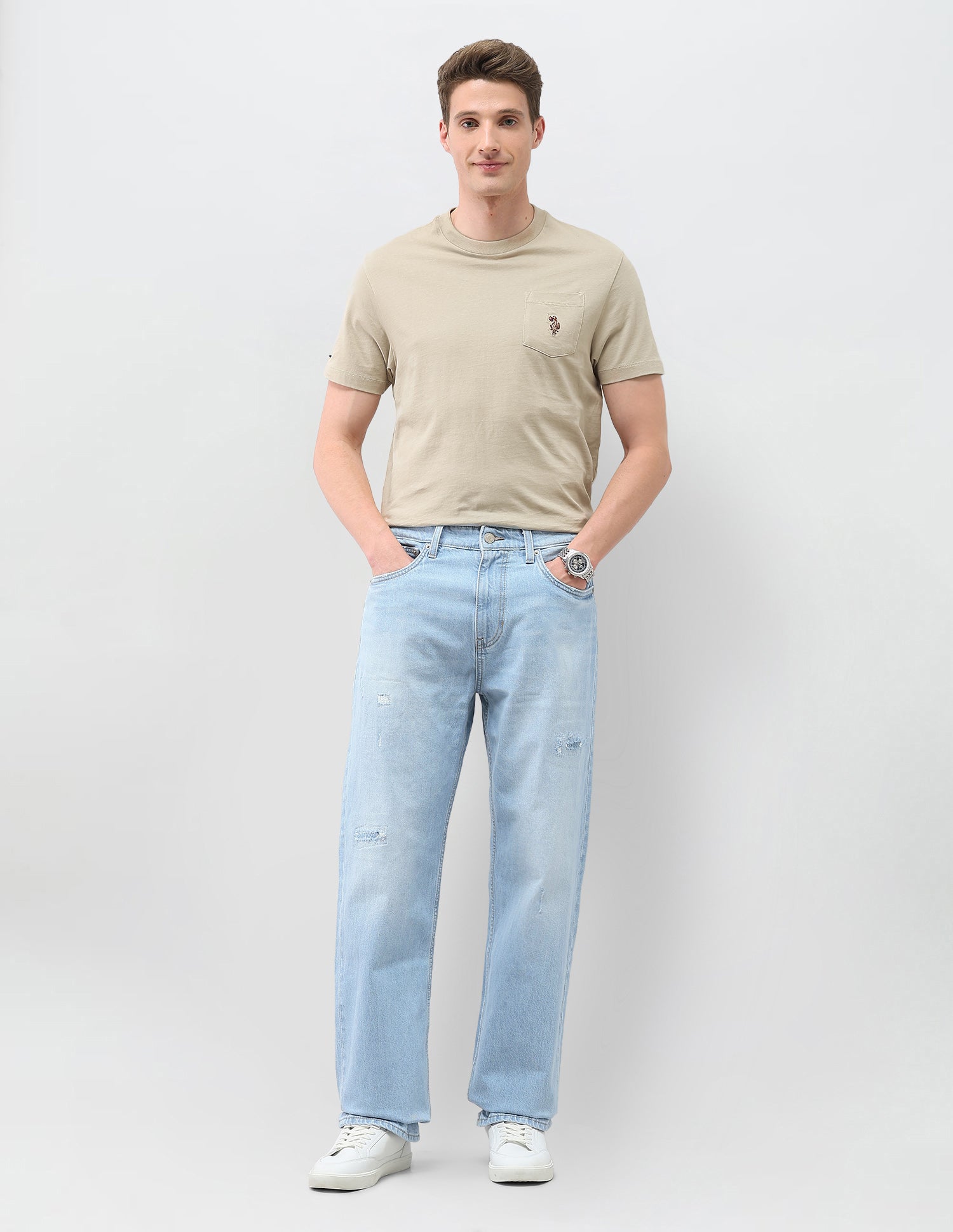 Logan Loose Straight Fit Blue Distressed Jeans Light Blue - U.S. Polo Assn. India | Large