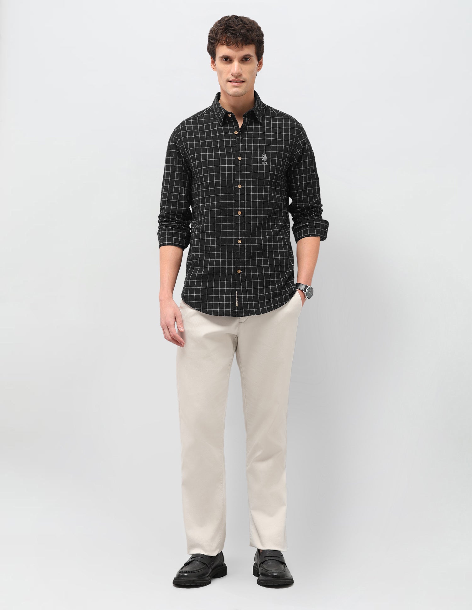 Windowpane Checked Regular Fit Shirt Black - U.S. Polo Assn. India | Large