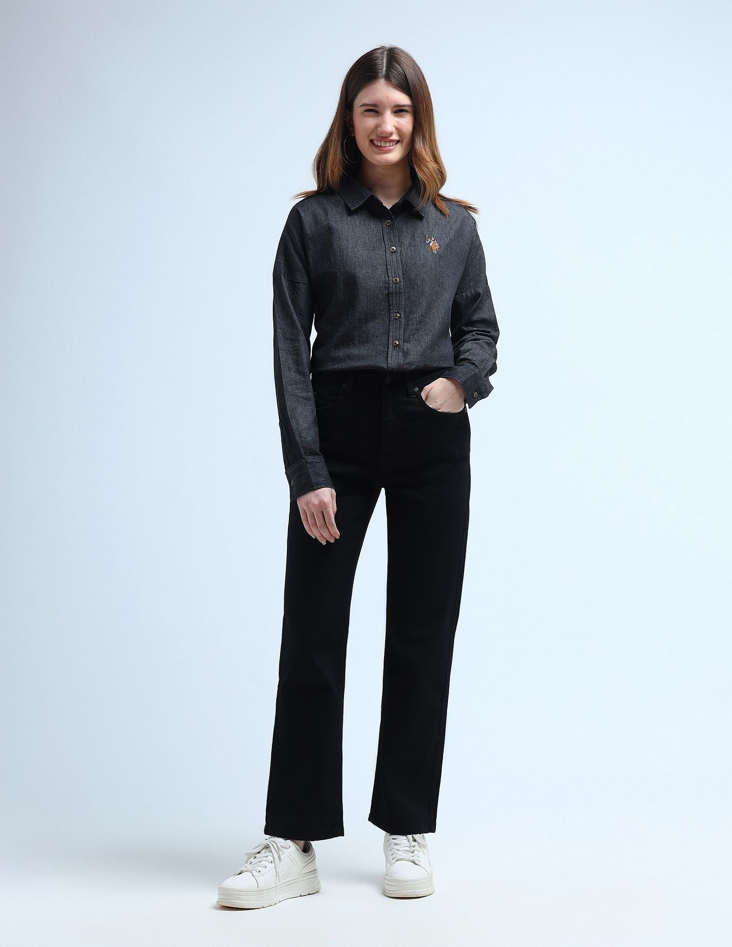 Washed Pattern Loose Denim Shirt Black - U.S. POLO ASSN. | Large