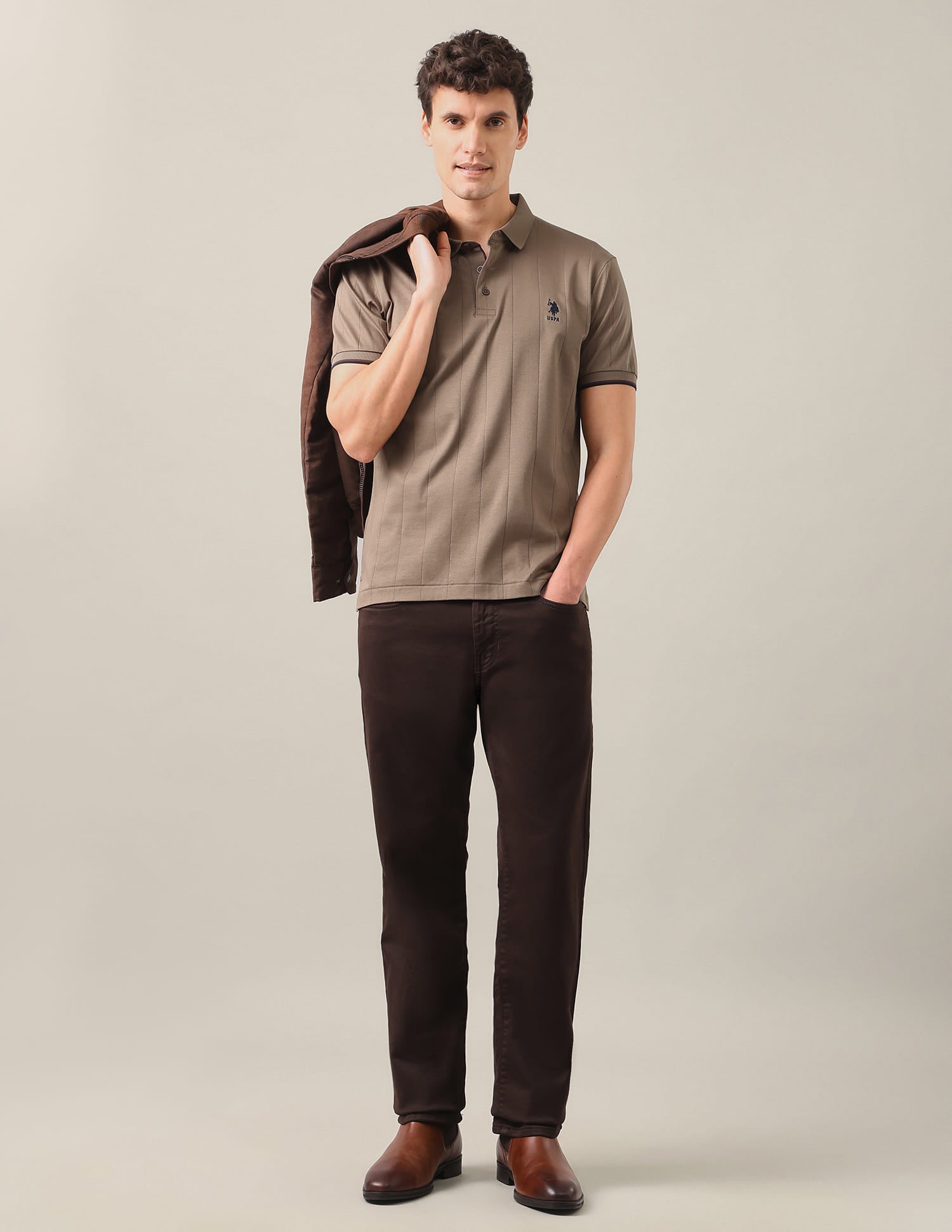 Vertical Striped Patterned Knit Slim Fit Polo Shirt Brown - U.S. Polo Assn. India | Large