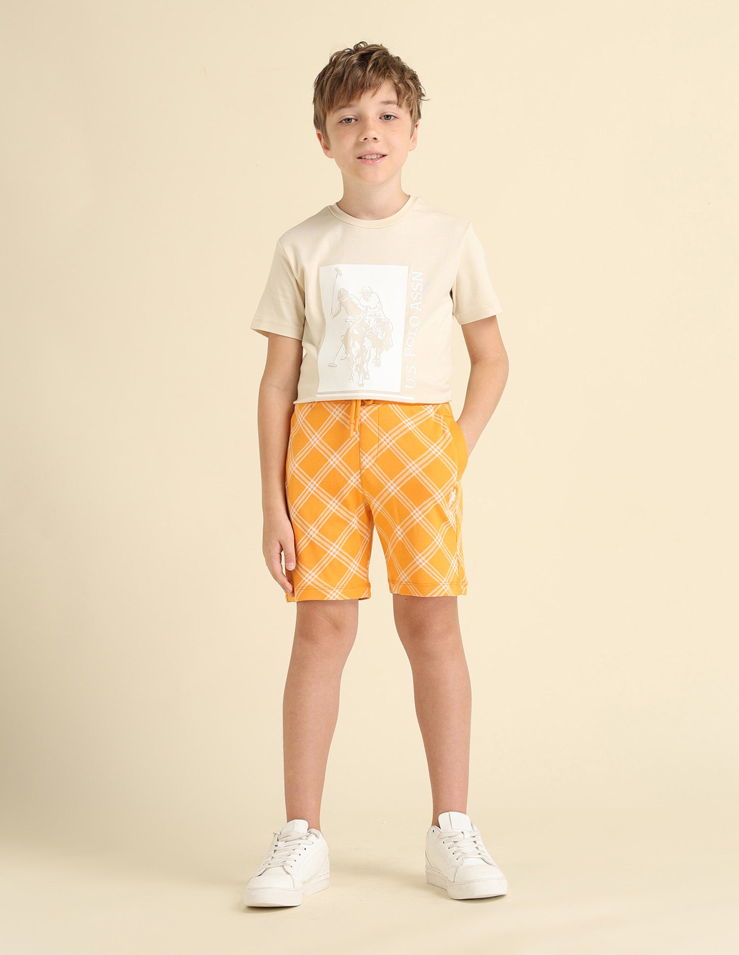 Boys Plaid Checked Regular Fit Shorts Orange - U.S. POLO ASSN. | Large