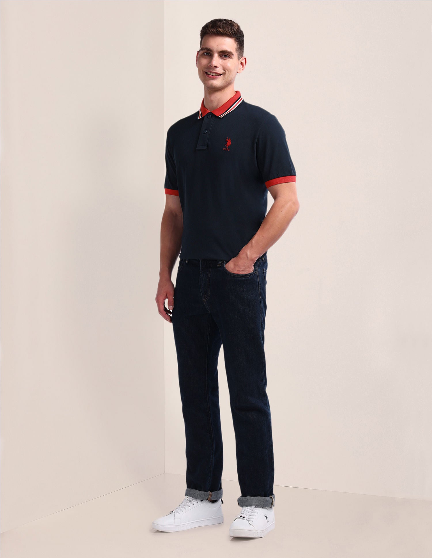 Contrast Collar Slim Polo Shirt Navy - U.S. Polo Assn. India | Large