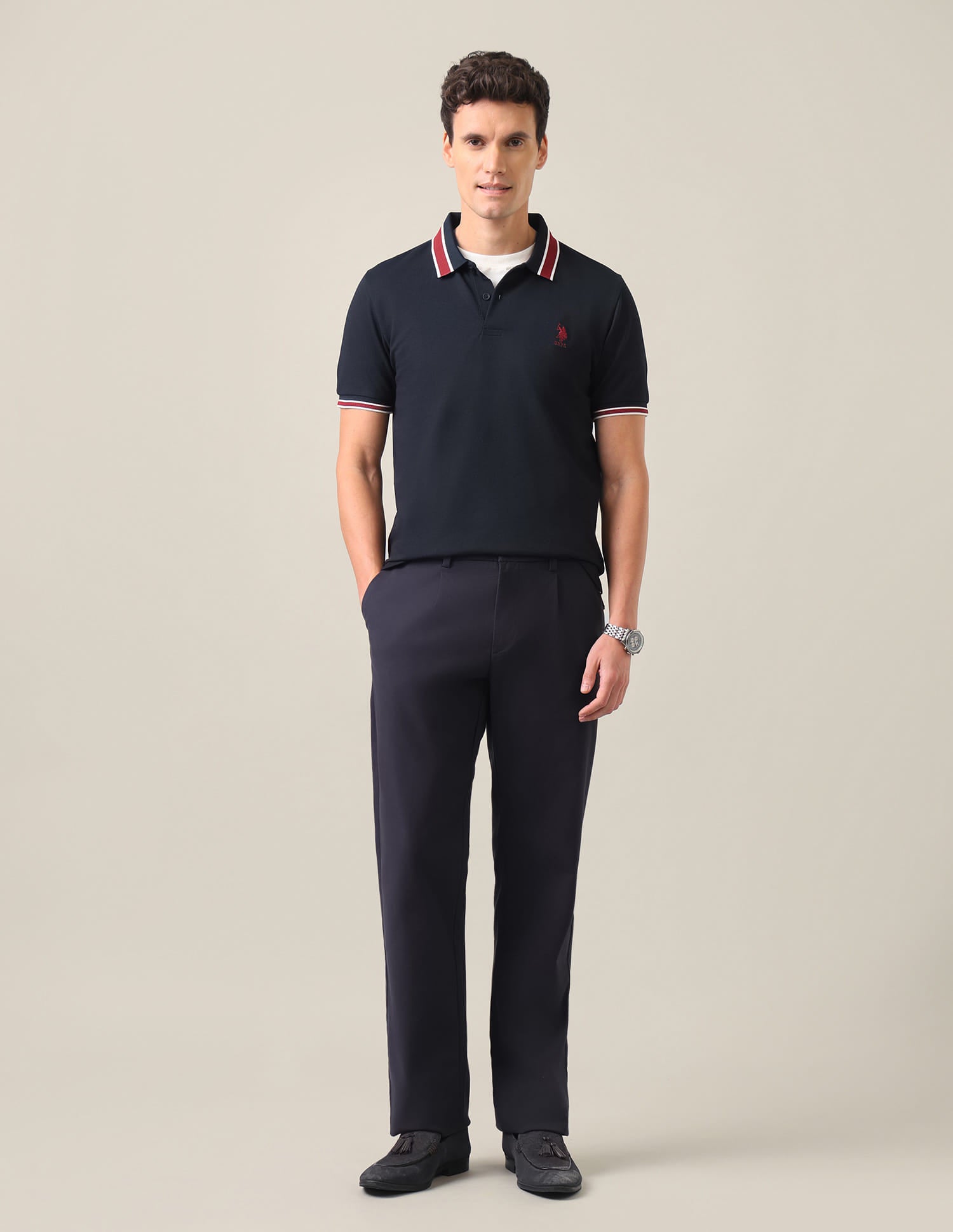 Solid Slim Fit Polo Shirt Navy Blue - U.S. Polo Assn. India | Large