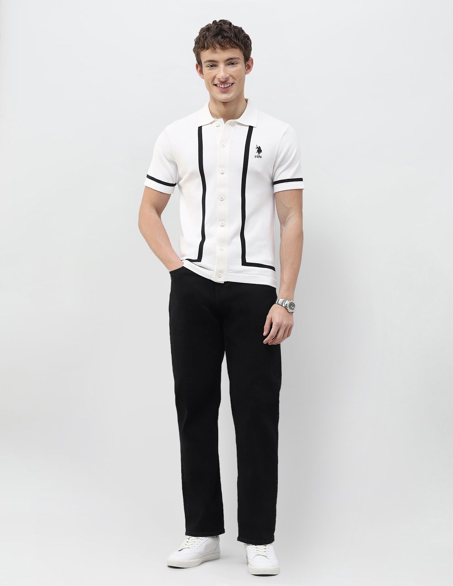 Knitted Slim Fit Shirt Off White - U.S. Polo Assn. India | Large