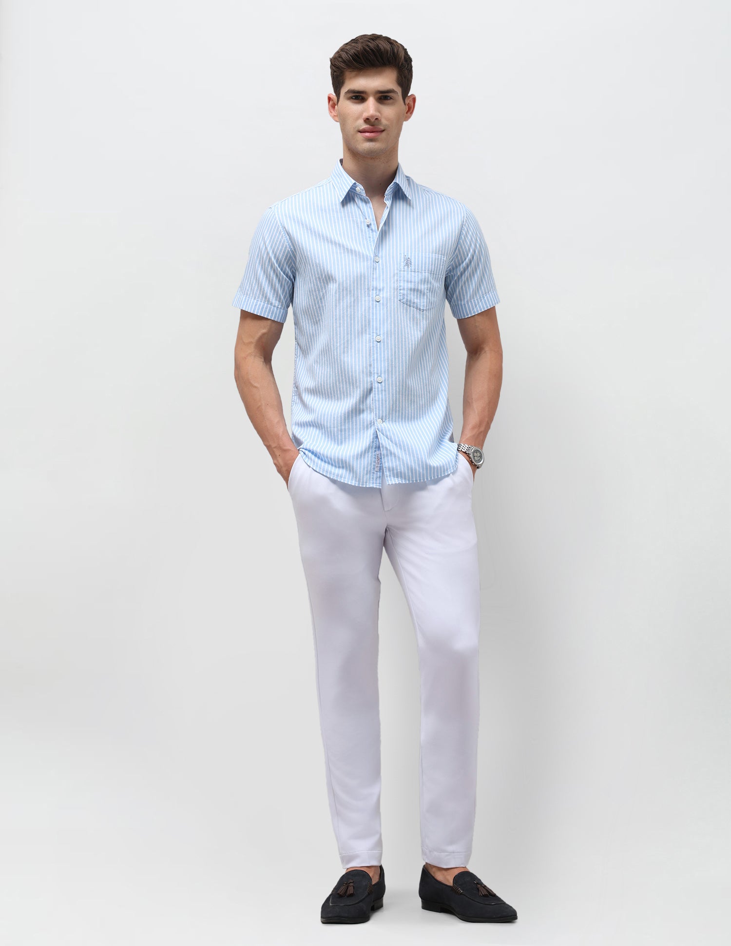 Dobby Vertical Striped Shirt Light Blue - U.S. Polo Assn. India | Large
