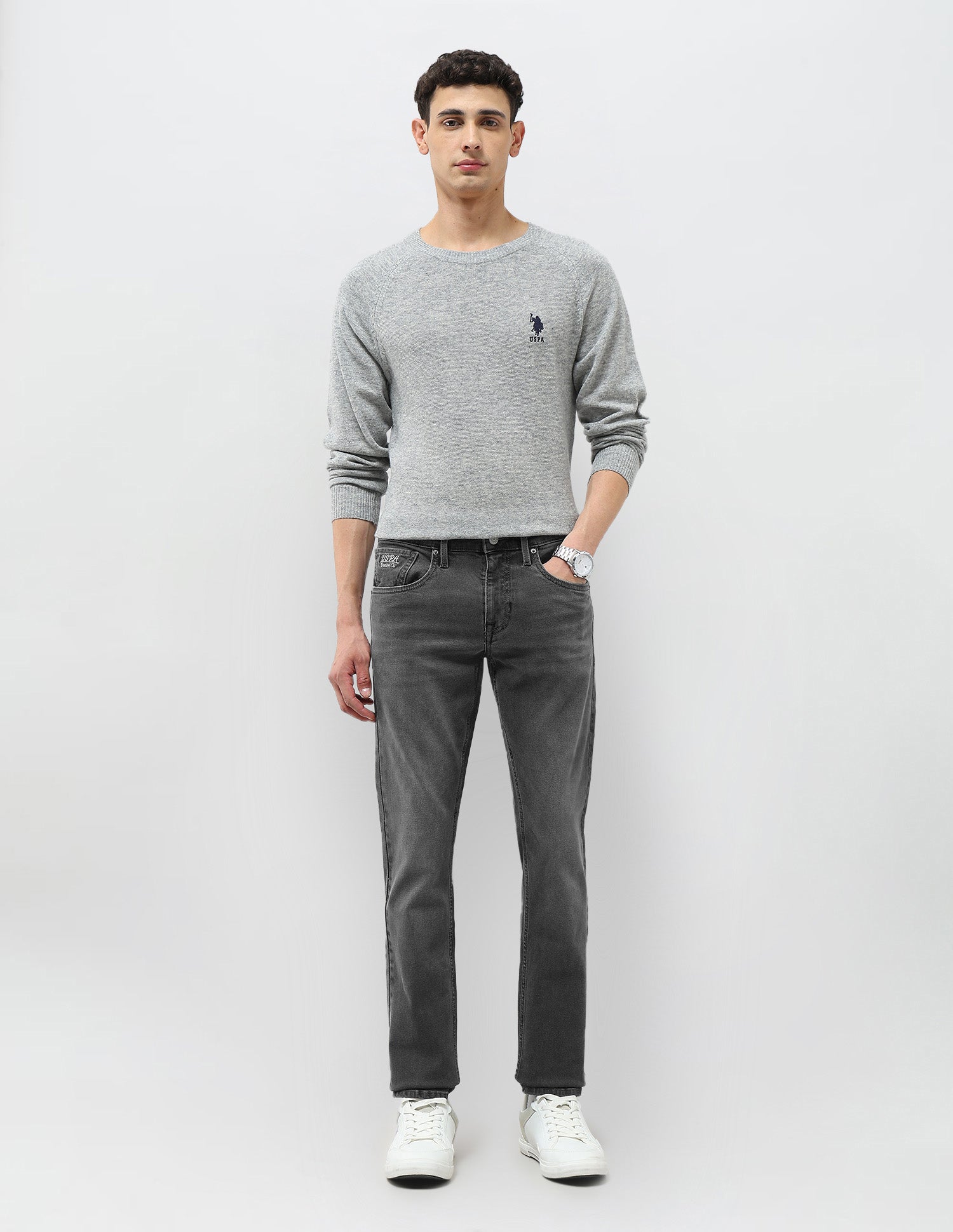 Regallo Skinny Fit Whiskered Jeans Mid Grey - U.S. Polo Assn. India | Large