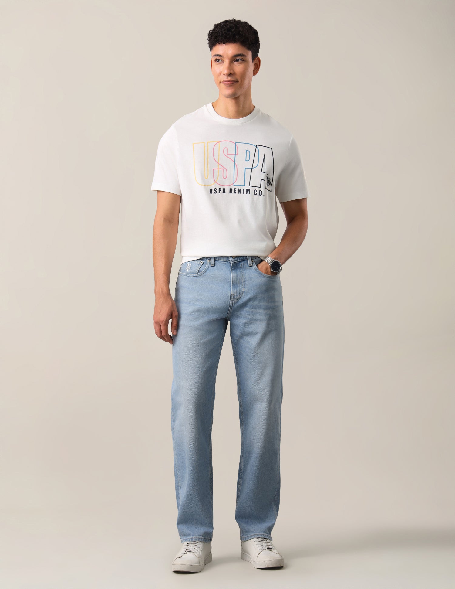 Brand Typographic Printed Relaxed Fit T-Shirt Ivory - U.S. Polo Assn. India | Large
