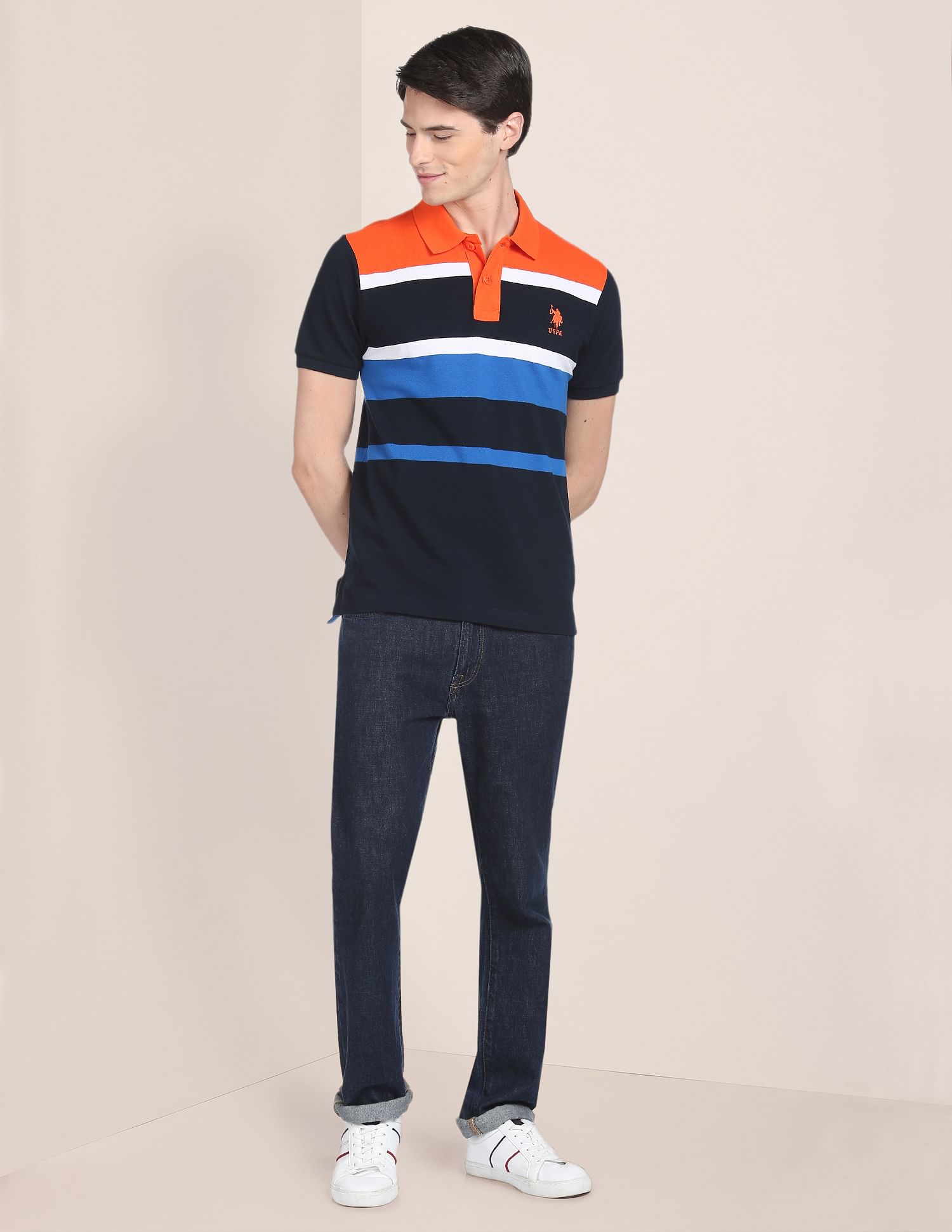 Signature Stripe Pique Polo Shirt Orange, Blue and Black - U.S. Polo Assn. India | Large