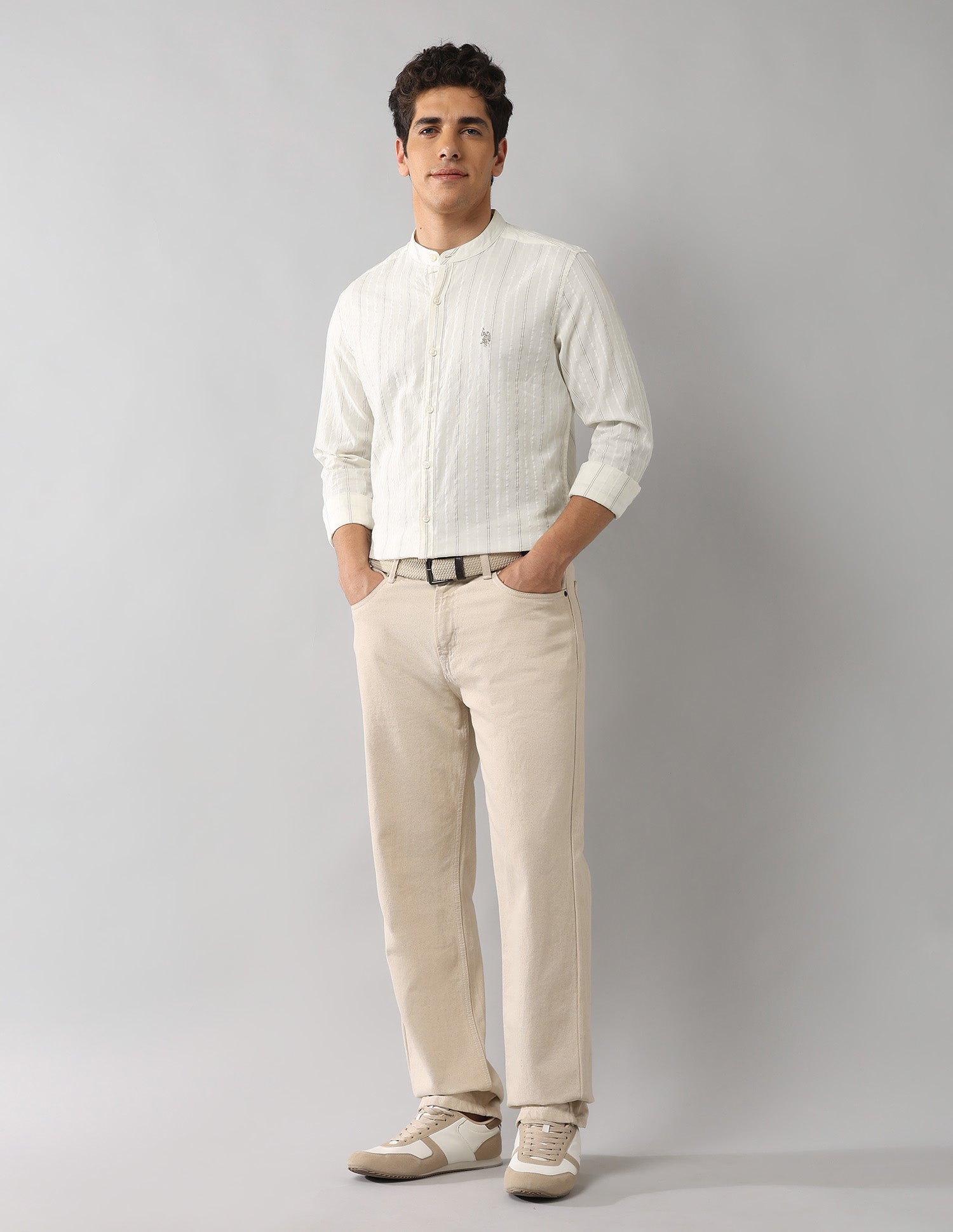 Mandarin Collar Vertical Striped Shirt Off White - U.S. Polo Assn. India | Large