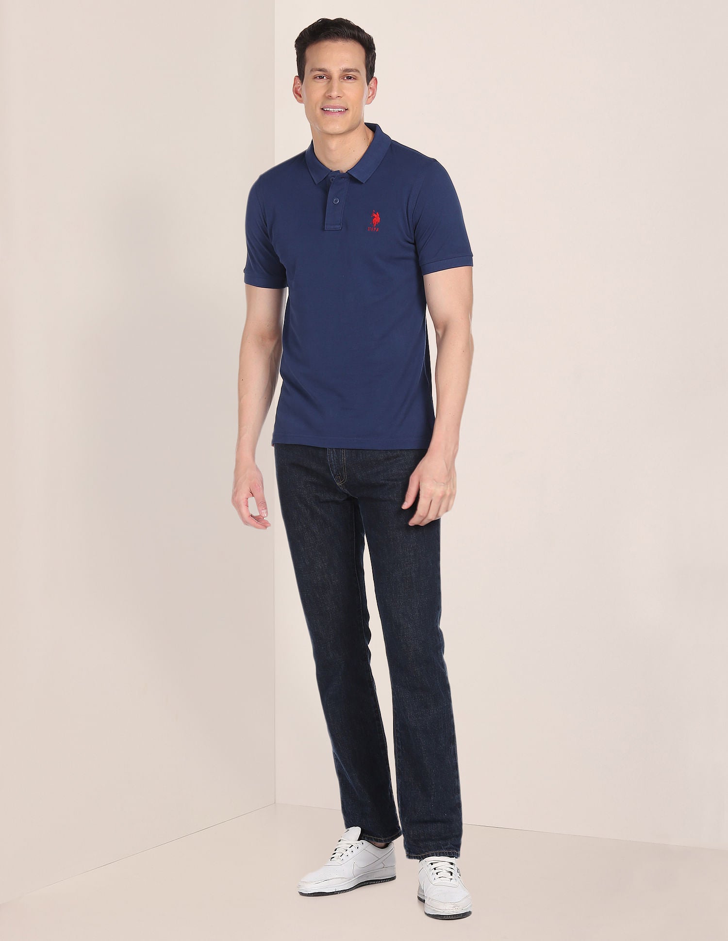 Ribbed Collar Solid Polo Shirt Dark Blue - U.S. POLO ASSN. | Large