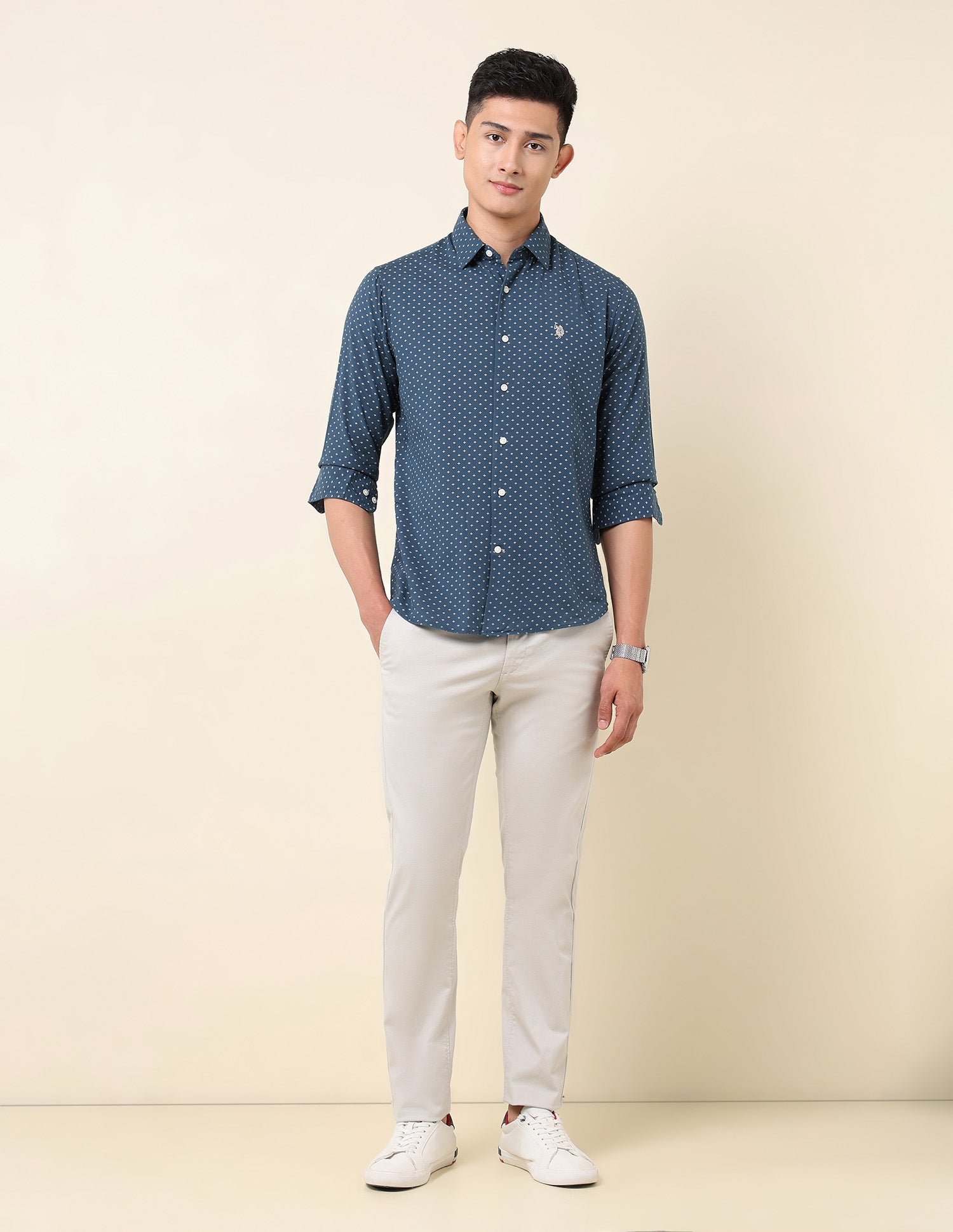 Pure Cotton Geometric Printed Shirt Teal - U.S. Polo Assn. India | Large