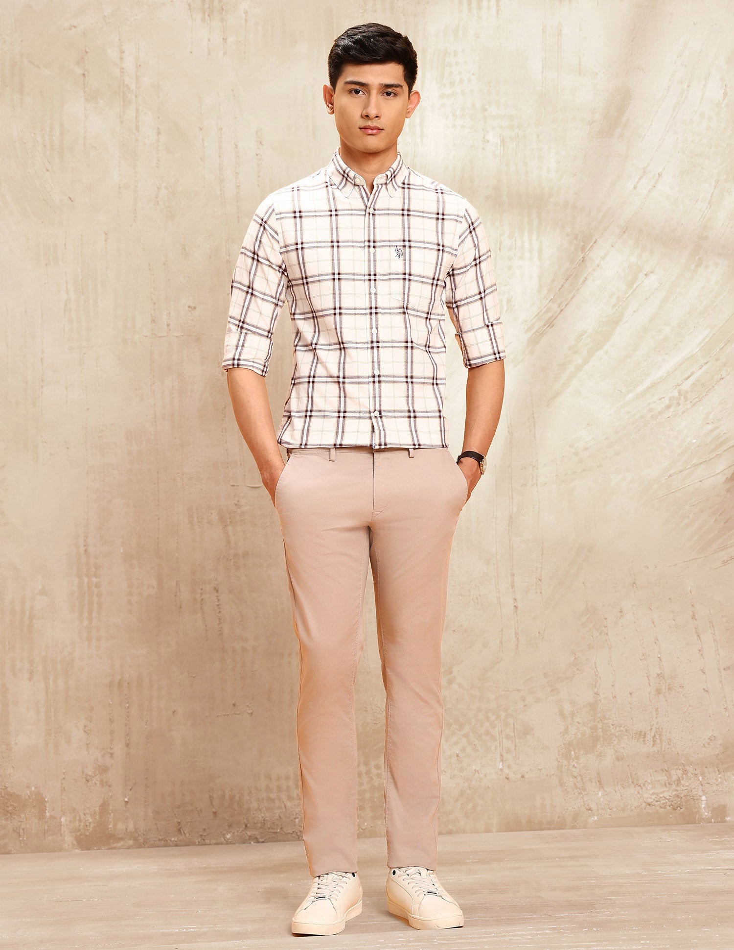 Windowpane Checked Tailored Fit Shirt Beige - U.S. POLO ASSN. | Large