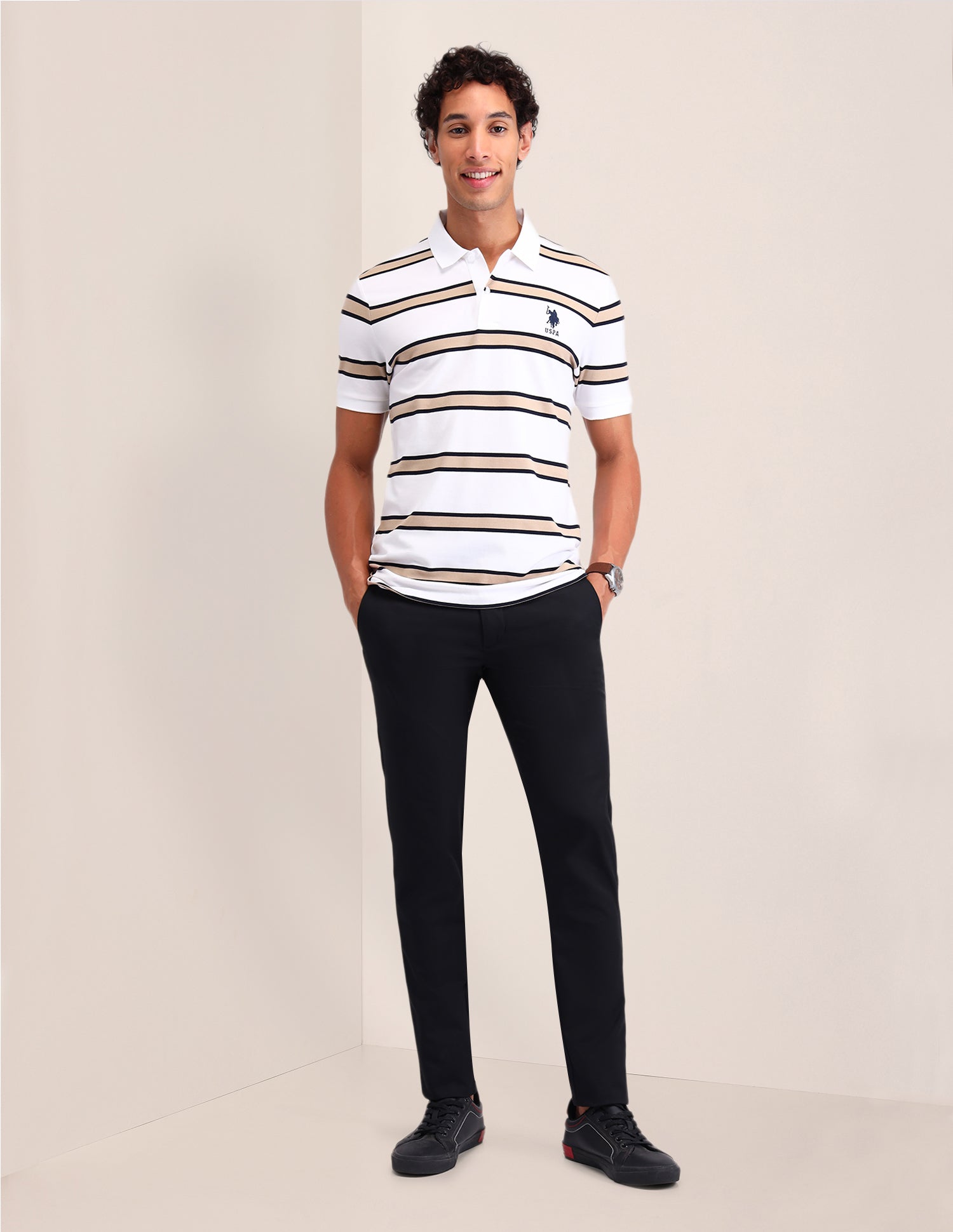 Horizontal Striped Slim Fit Polo Shirt White - U.S. Polo Assn. India | Large
