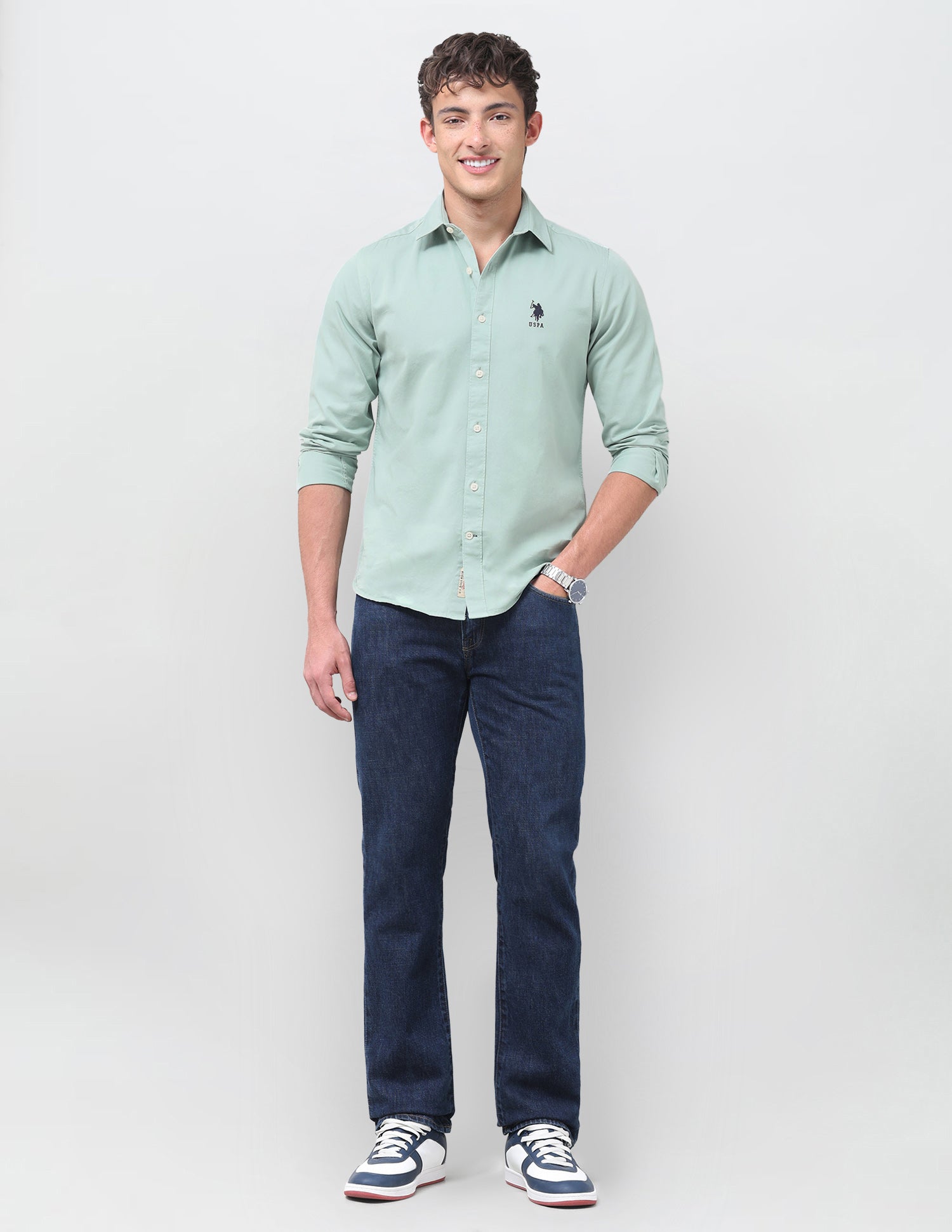 Slim Fit Twill Shirt Light Green - U.S. Polo Assn. India | Large