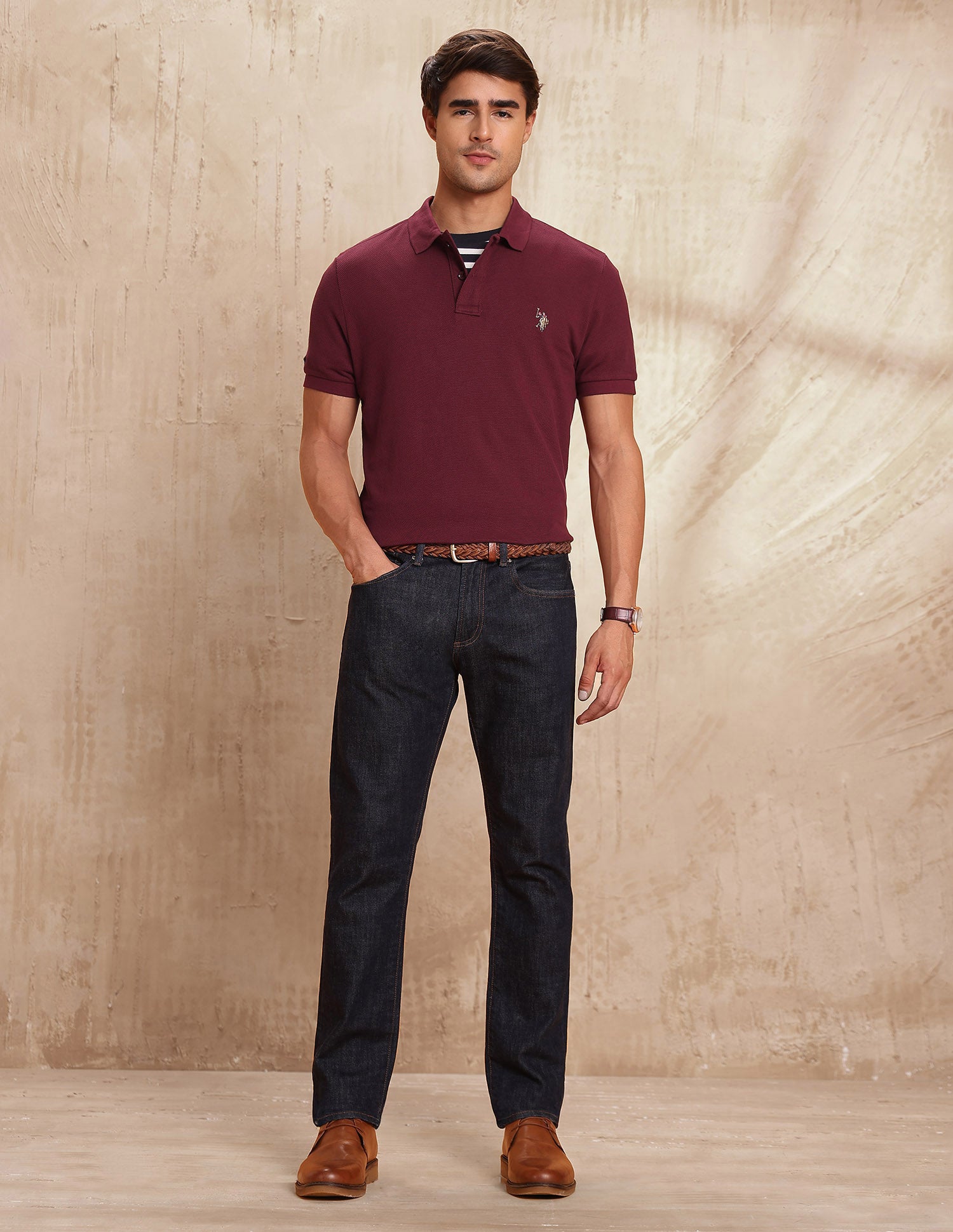 Textured Pure Cotton Polo Shirt Maroon - U.S. POLO ASSN. | Large