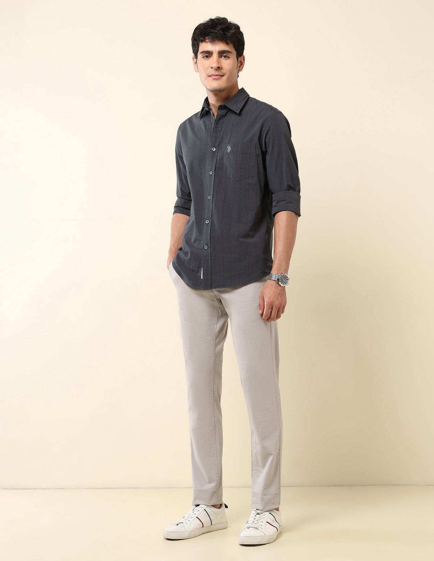 Pinstriped Pure Cotton Shirt Grey - U.S. POLO ASSN. | Large