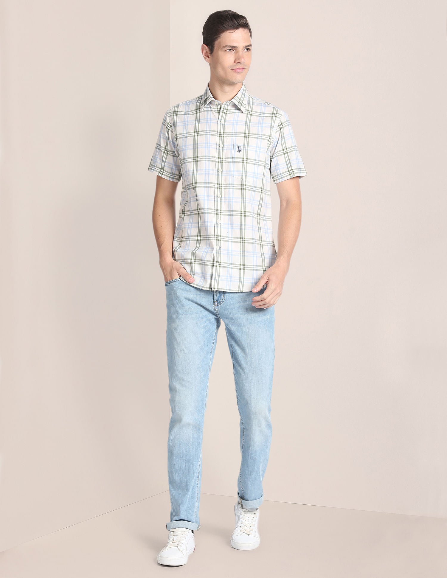 Short Sleeve Plaid Check Shirt Light Green - U.S. Polo Assn. India | Large