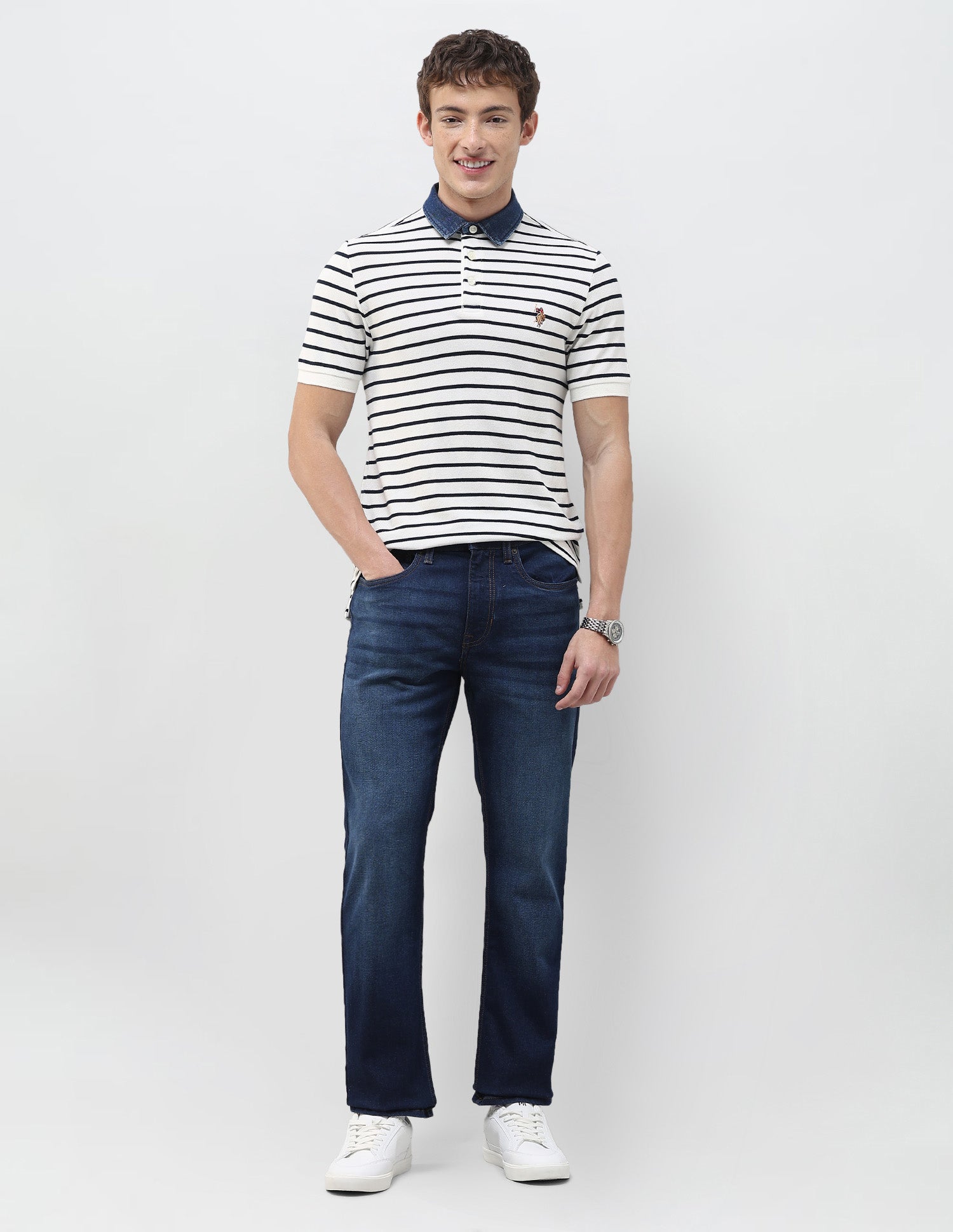 Horizontal Striped Muscle Fit Polo Shirt Ivory - U.S. Polo Assn. India | Large