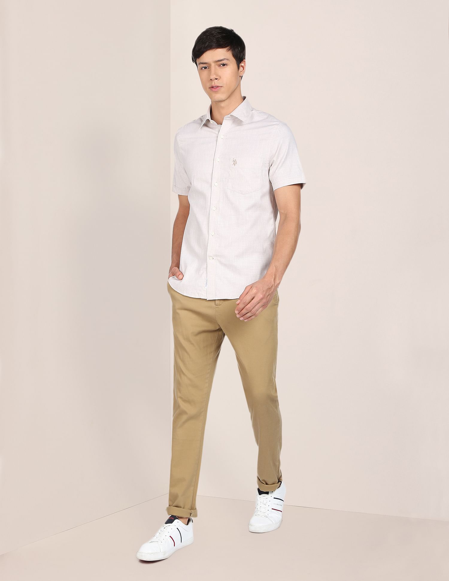 Men Beige Tailored Fit Patch Pocket Casual Shirt Beige - U.S. POLO ASSN. | Large