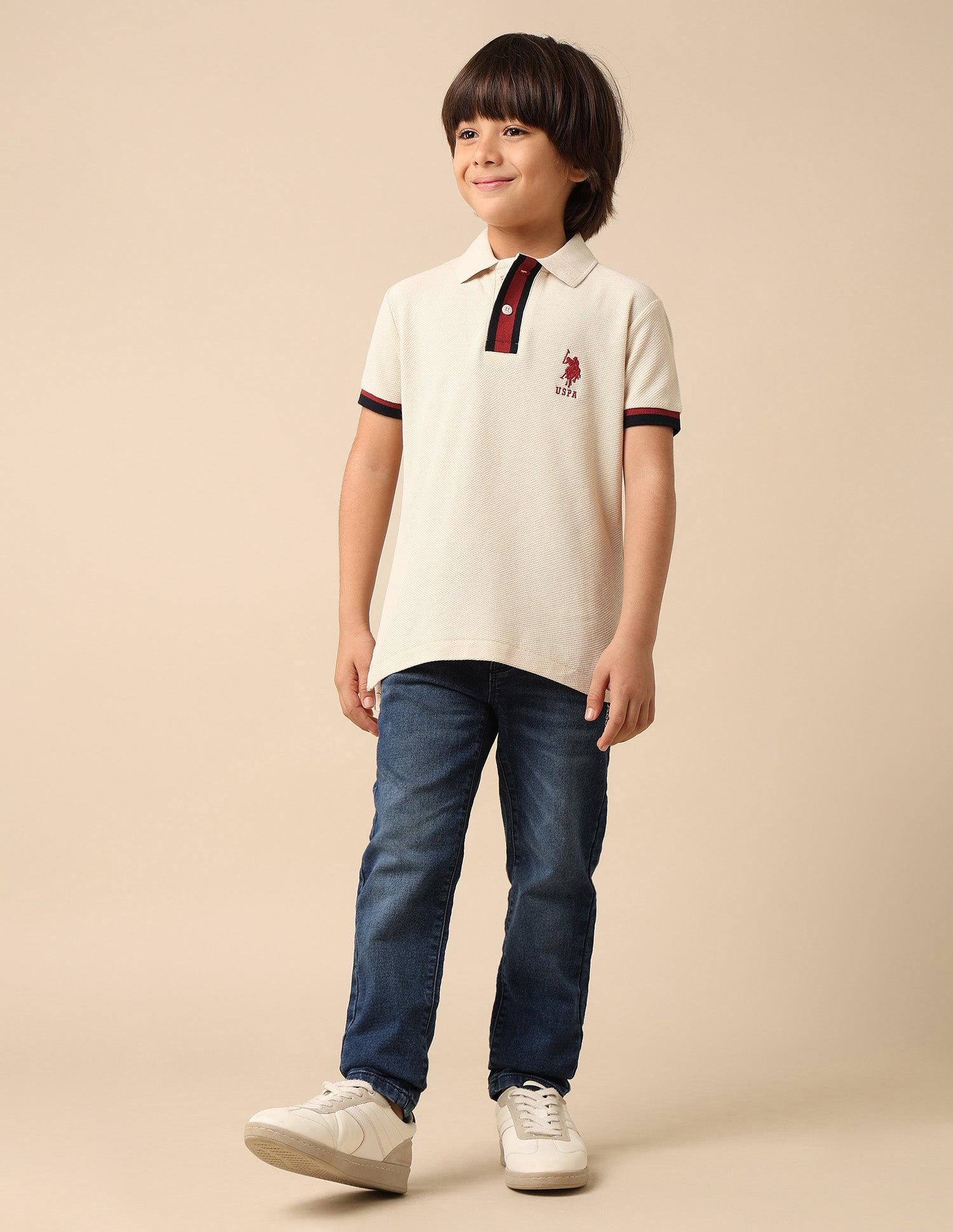 Boys Textured Pure Cotton Polo Shirt Beige - U.S. POLO ASSN. | Large