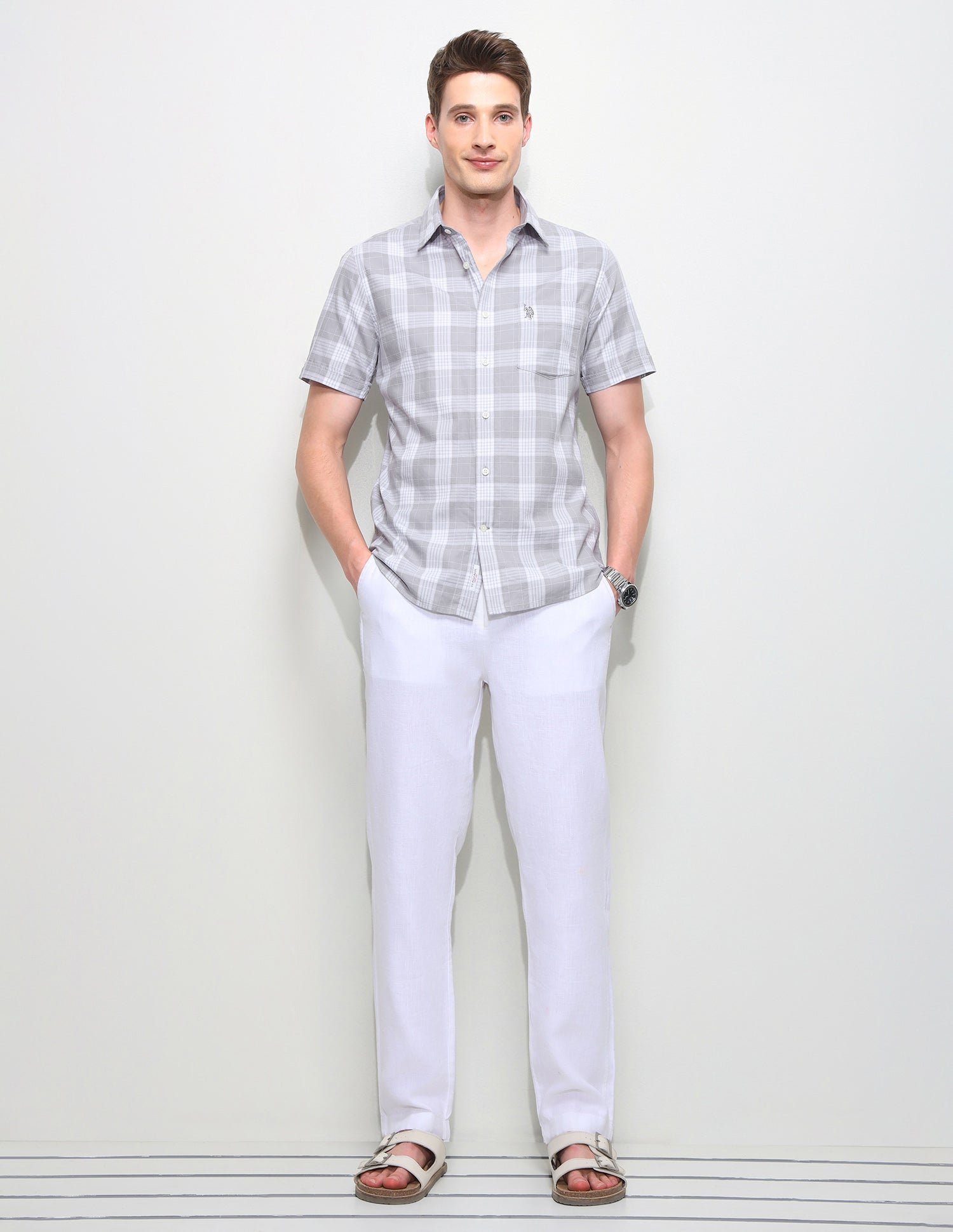Twill Regular Fit Grid Tattersall Checked Shirt Light Grey - U.S. Polo Assn. India | Large