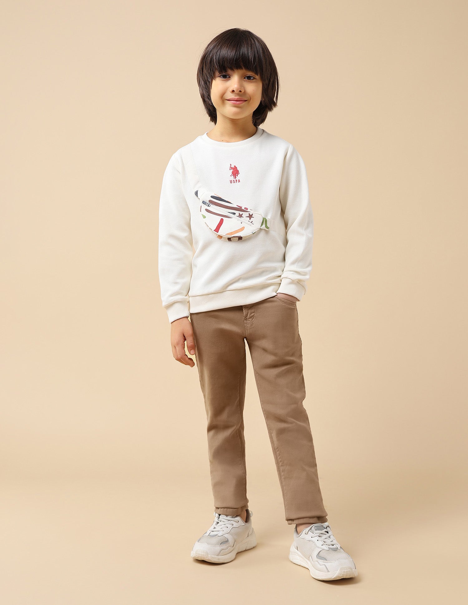 Boys Textured patterned Knit Regular Fit Sweatshirt Off White - U.S. POLO ASSN. | Large