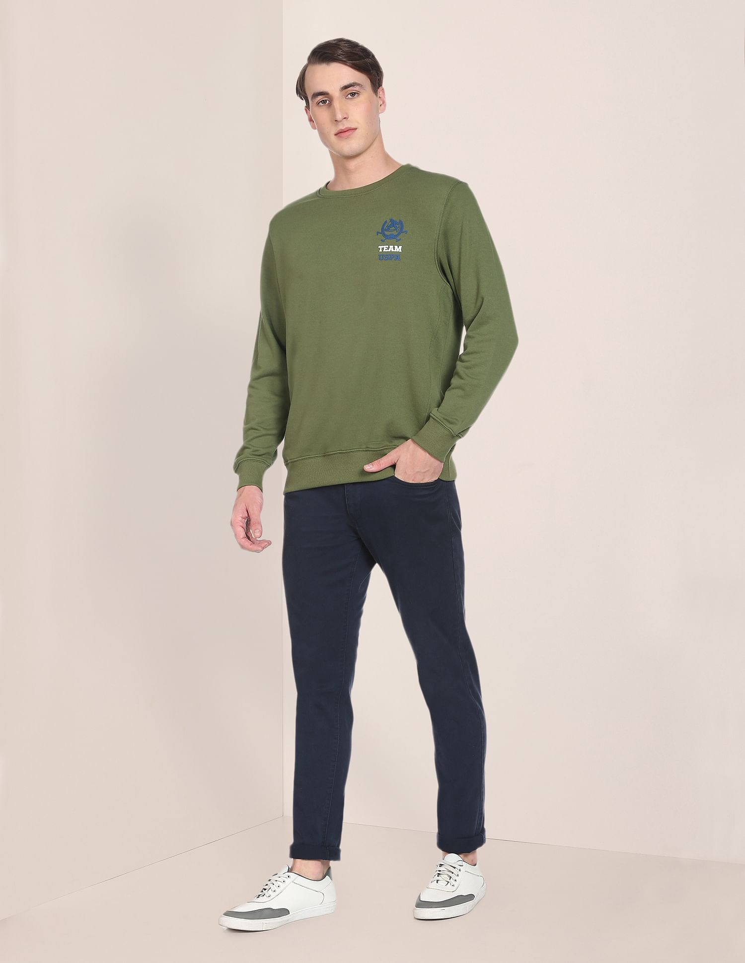 Crew Neck Solid Sweatshirt Olive - U.S. POLO ASSN. | Large