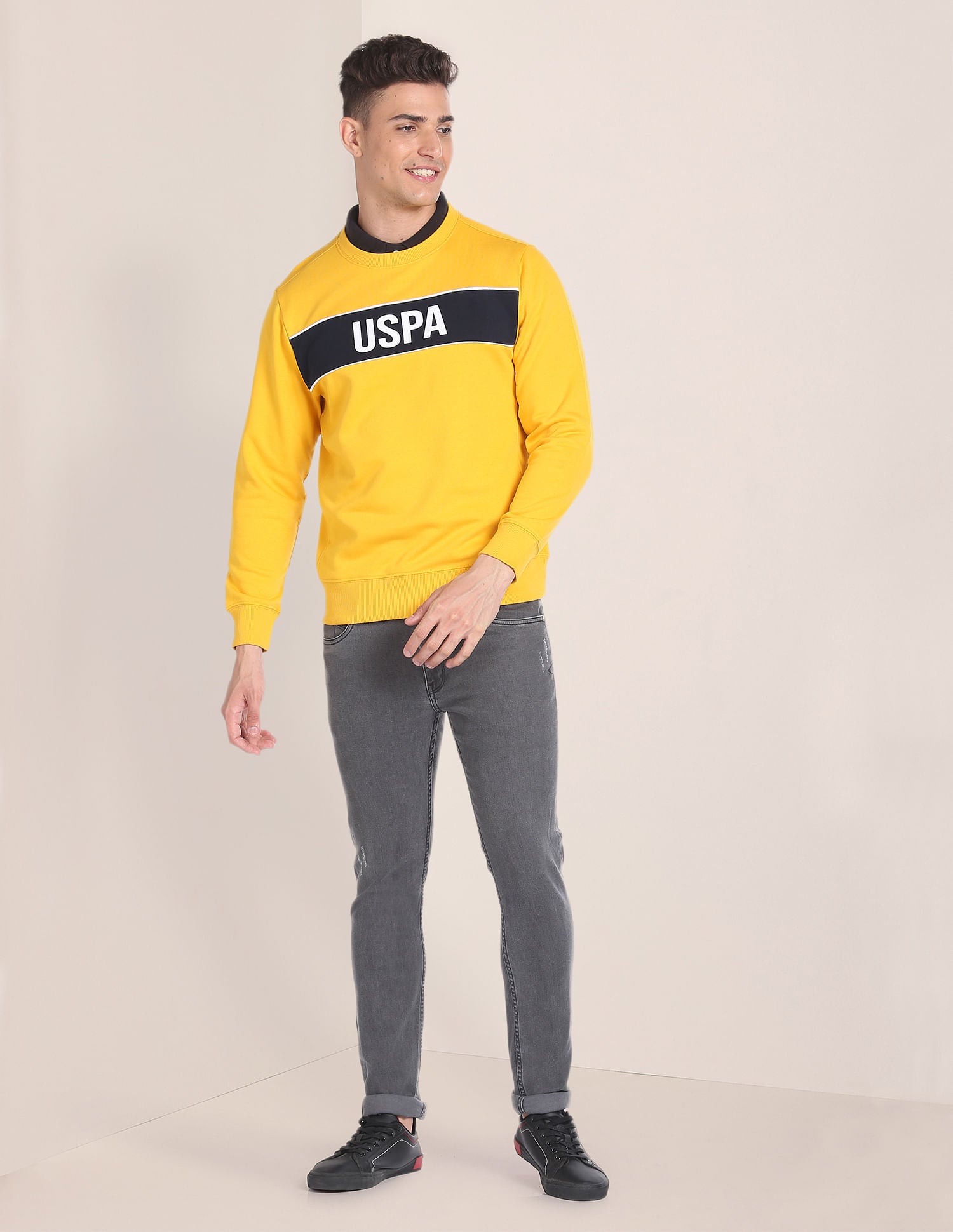 Crew Neck Brand Print Sweatshirt Yellow - U.S. POLO ASSN. | Large