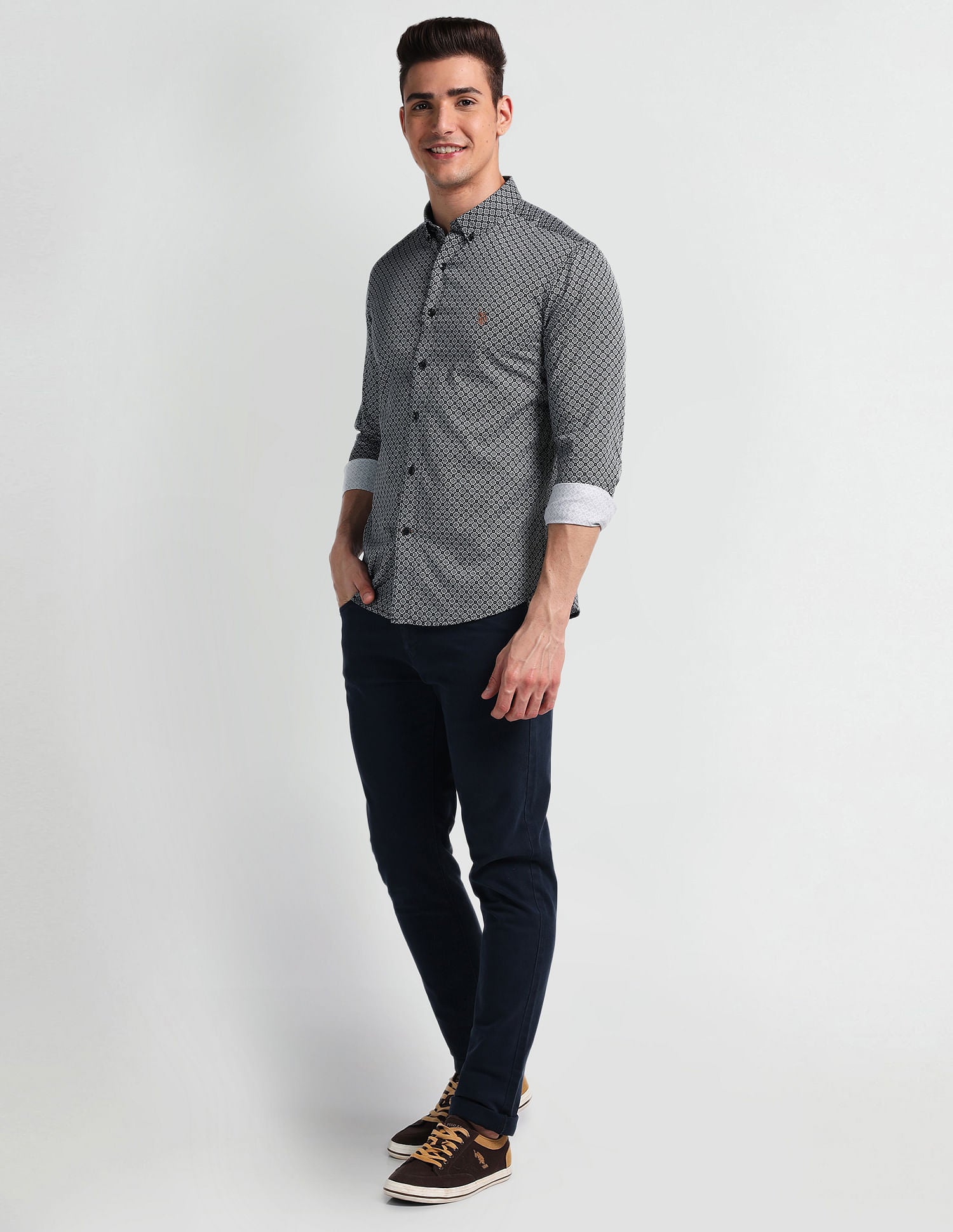 Slim Fit Motif Print Shirt Black - U.S. Polo Assn. India | Large