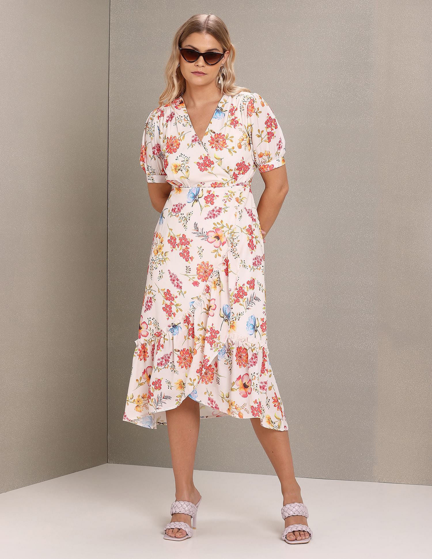 V-Neck Floral Print Fit And Flare Dress White and Pink - U.S. POLO ASSN. | Large