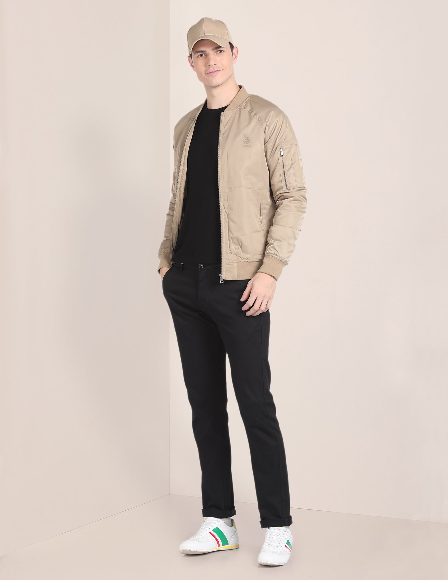 Solid Stand Collar Bomber Jacket Beige - U.S. Polo Assn. India | Large