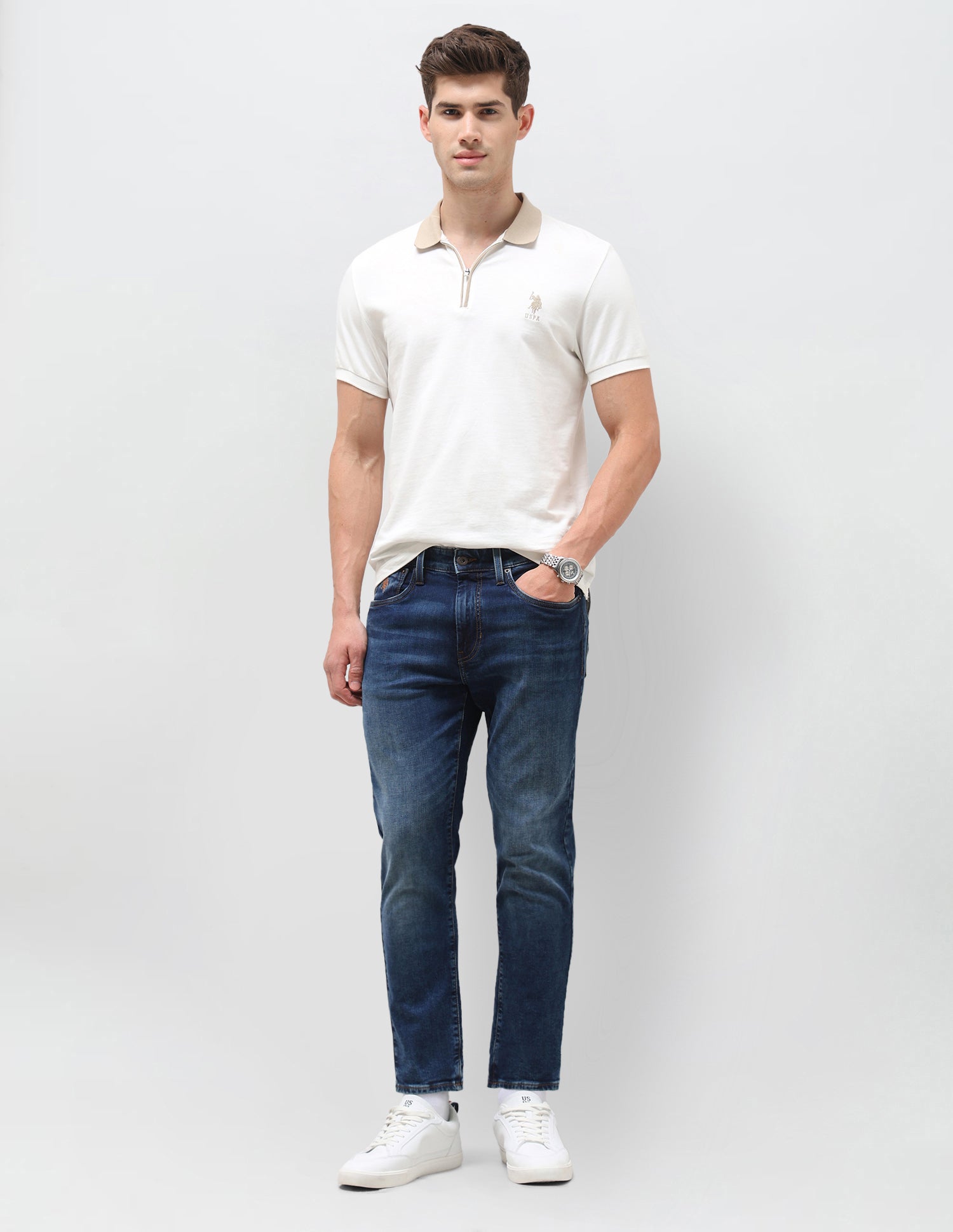 Cole Comfort Cropped Fit Blue Jeans Mid Blue - U.S. Polo Assn. India | Large