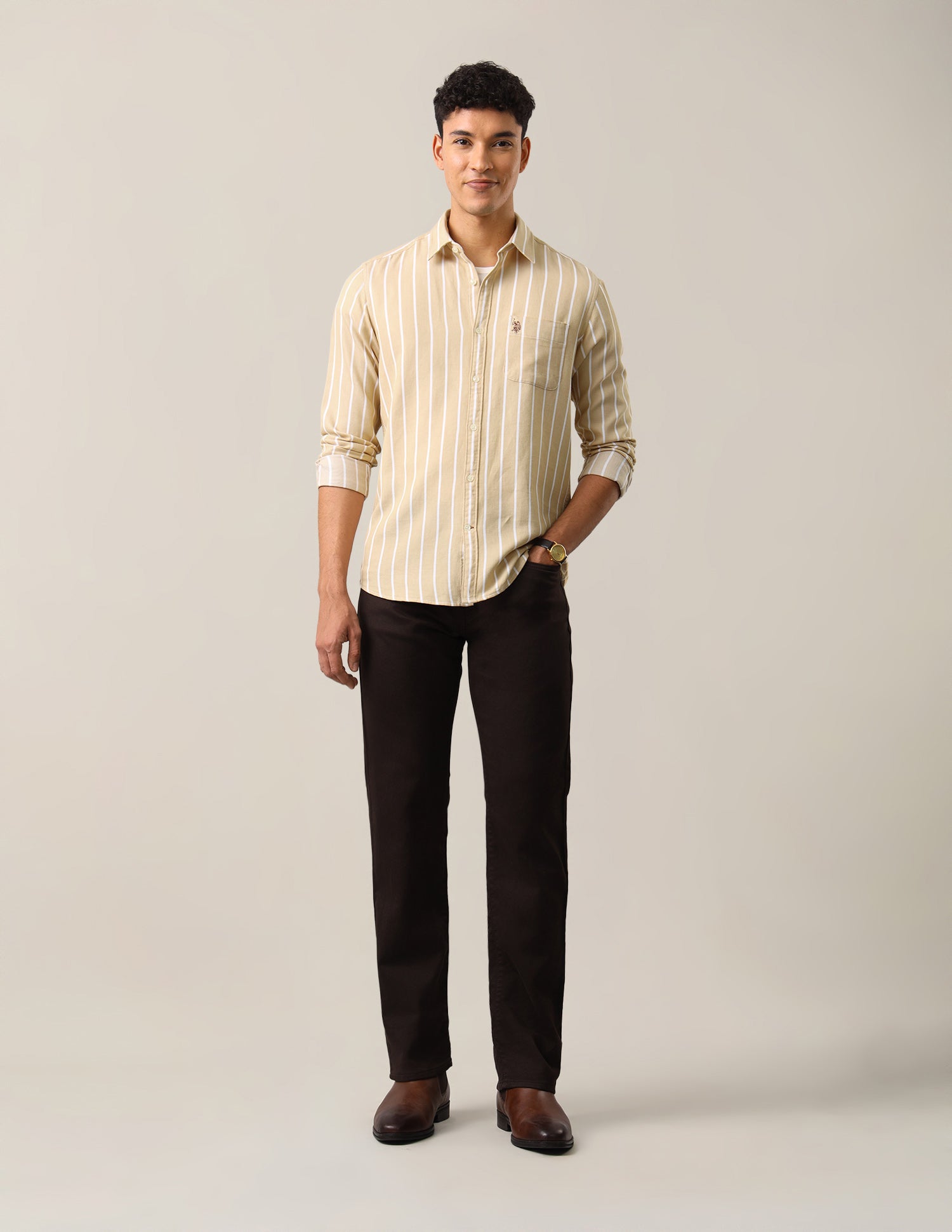 Vertical Striped Regular Fit Shirt Beige - U.S. Polo Assn. India | Large