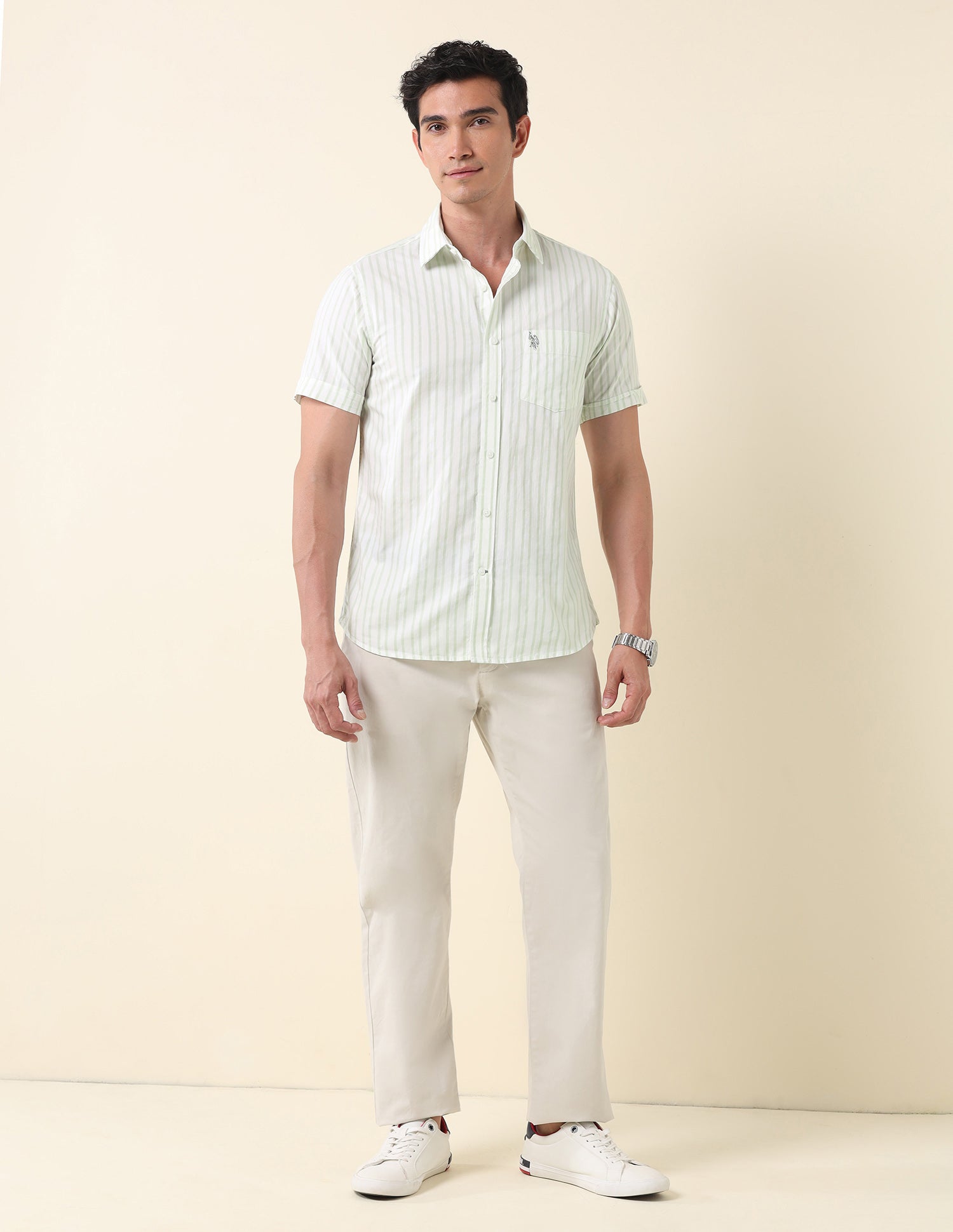 Tailored Fit Vertical Striped Shirt Light Green - U.S. Polo Assn. India | Large