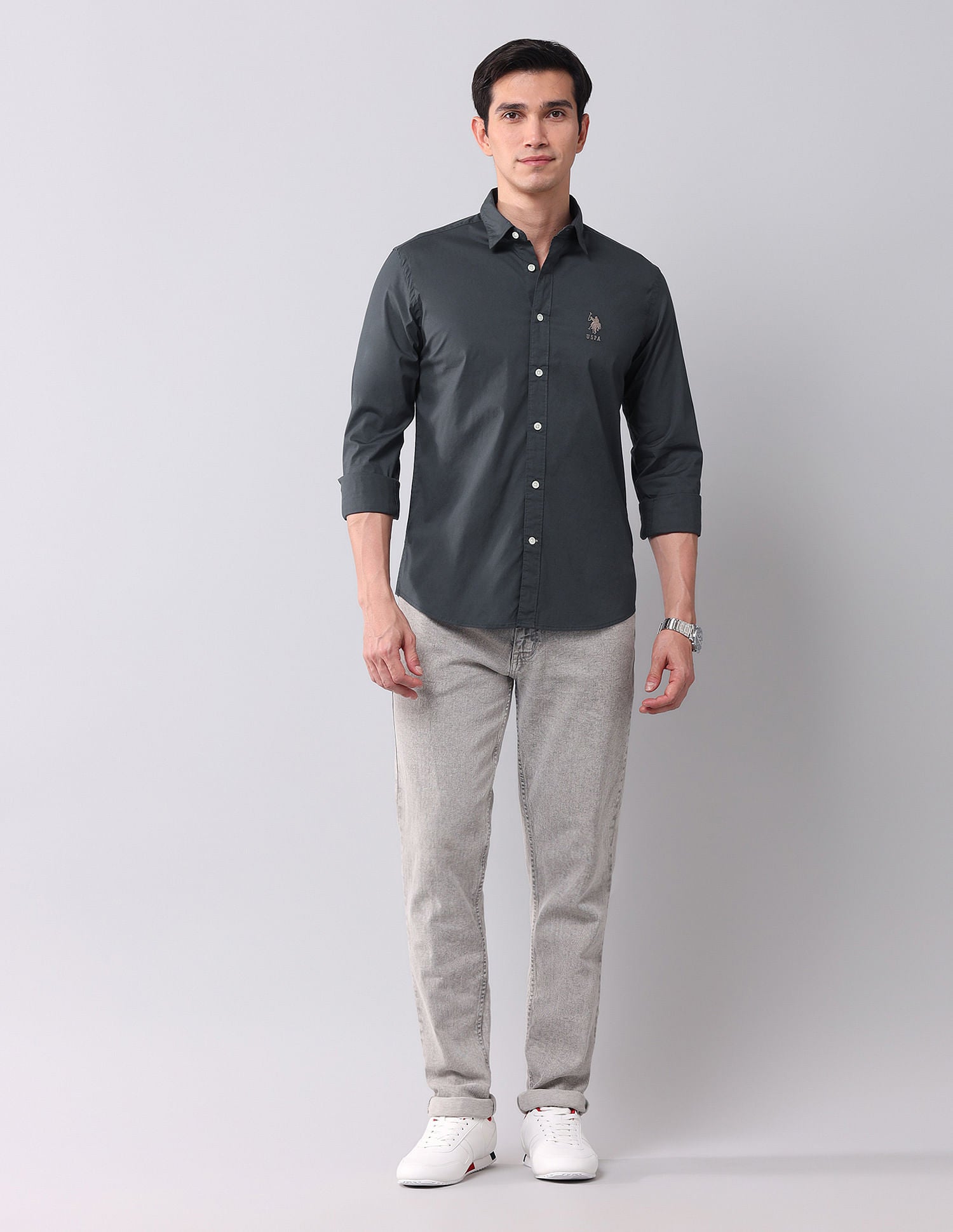 Regular Fit Twill Solid Shirt Charcoal - U.S. Polo Assn. India | Large