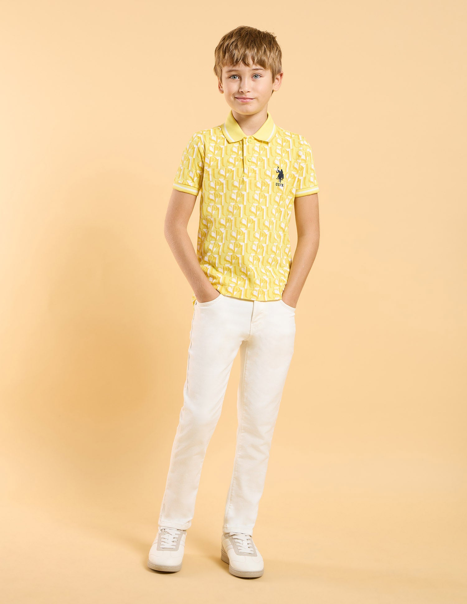 Boys All Over Printed Regular Fit Polo Shirt Light Yellow - U.S. Polo Assn. India | Large