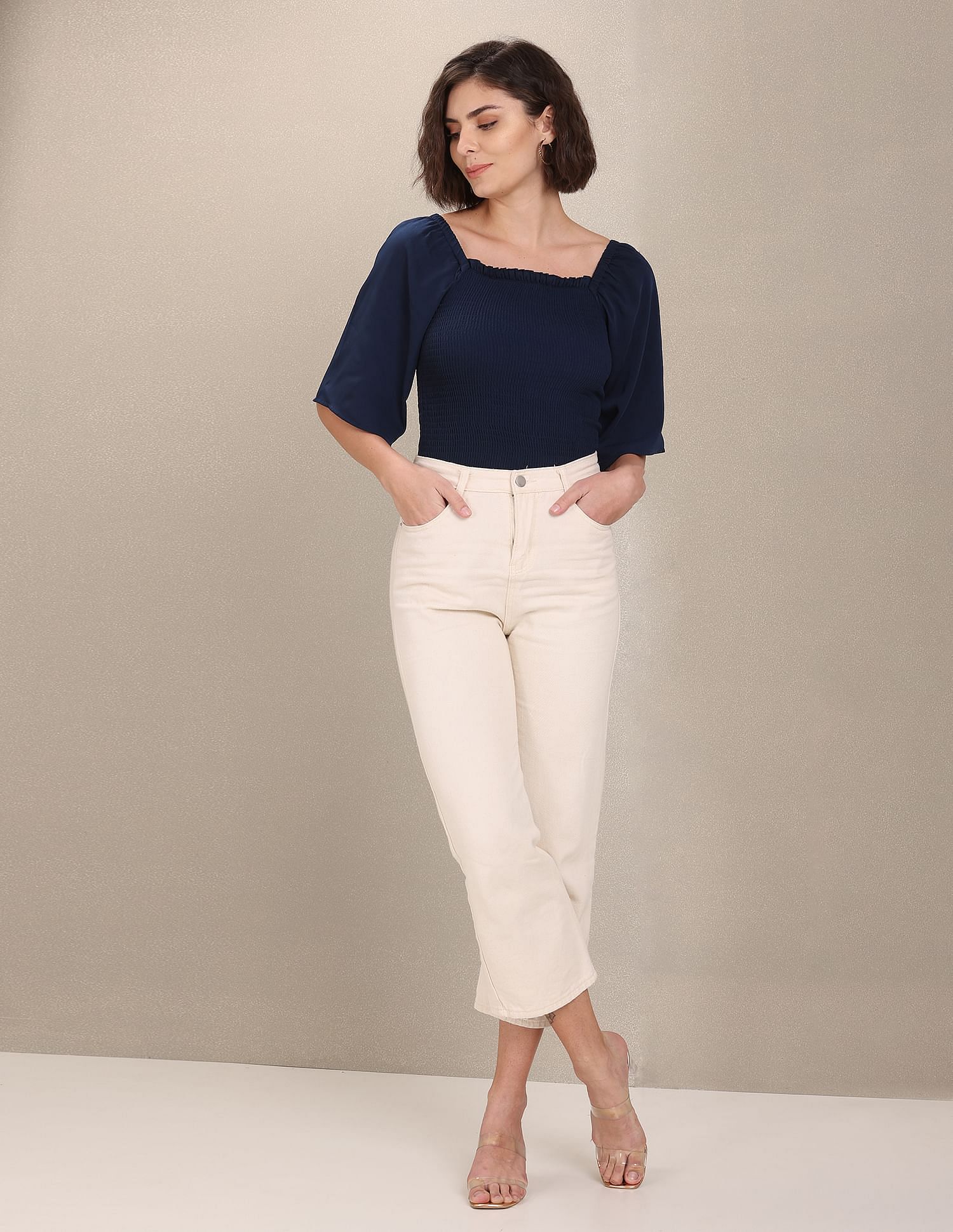 Bell Sleeve Smocked Bodice Solid Top Navy - U.S. Polo Assn. India | Large