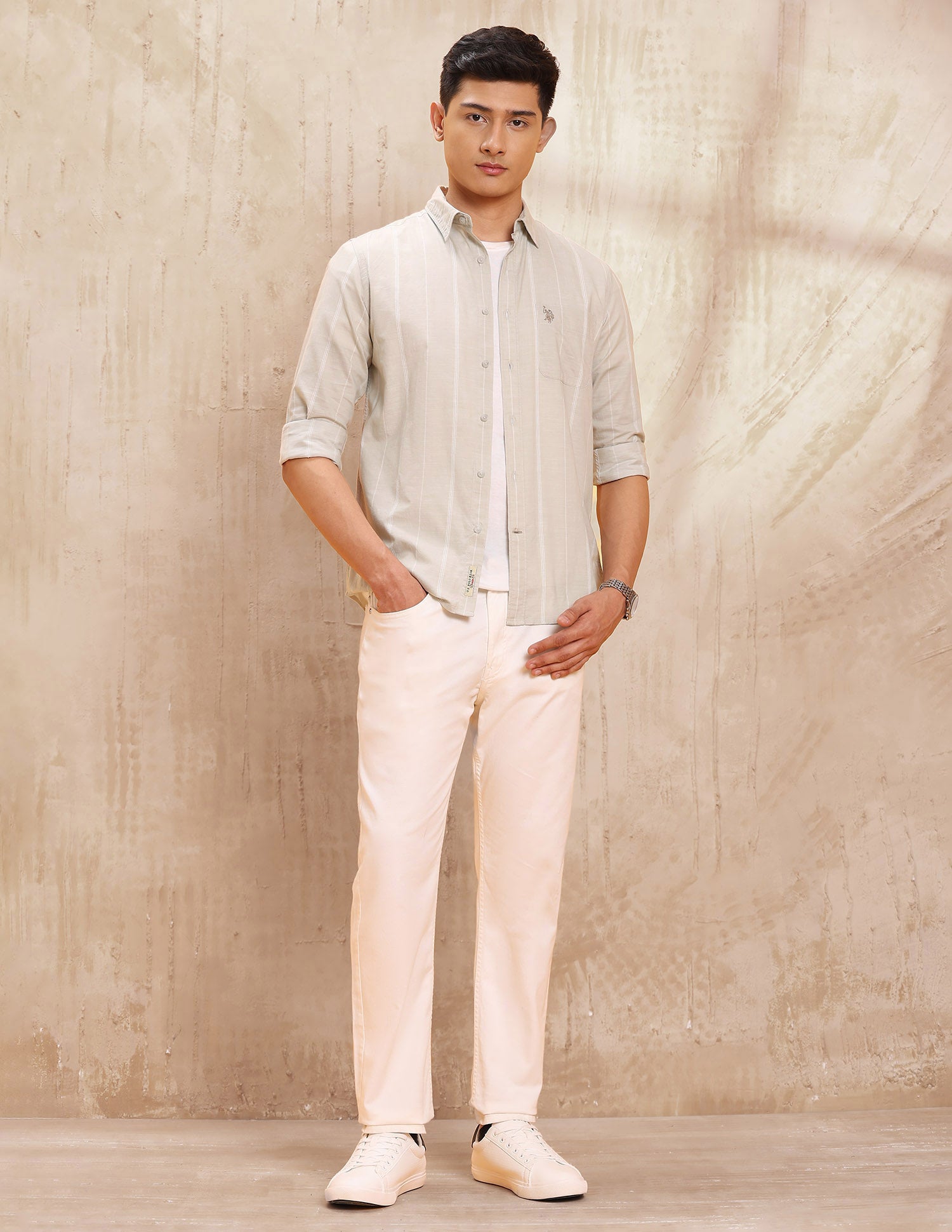 Vertical Striped Pure Cotton Shirt Light Khaki - U.S. POLO ASSN. | Large
